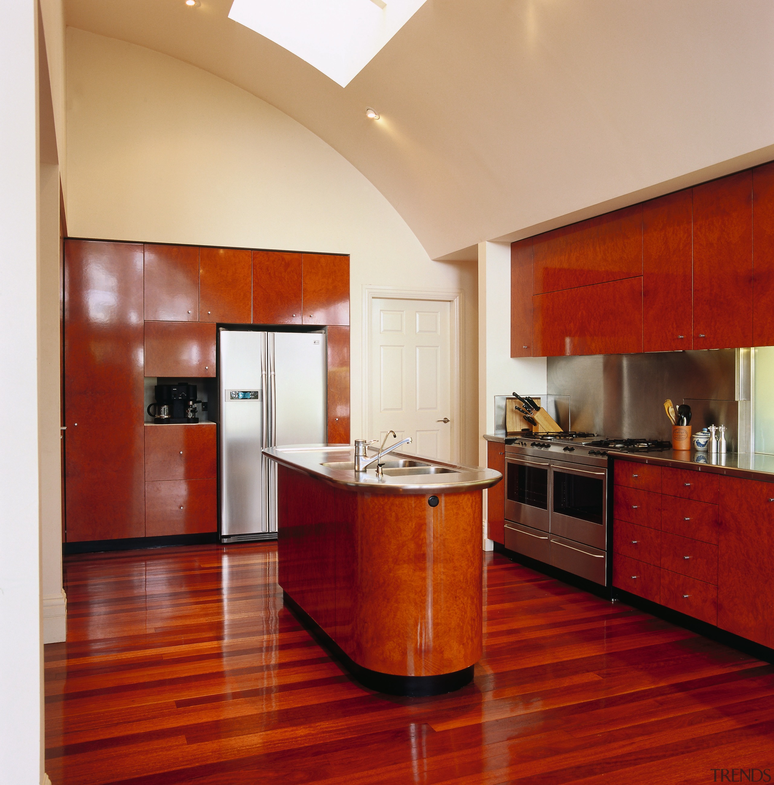 view of the kitchen area dshowing cabinetry, stainless architecture, cabinetry, ceiling, countertop, floor, flooring, hardwood, interior design, kitchen, laminate flooring, real estate, room, wood, wood flooring, red