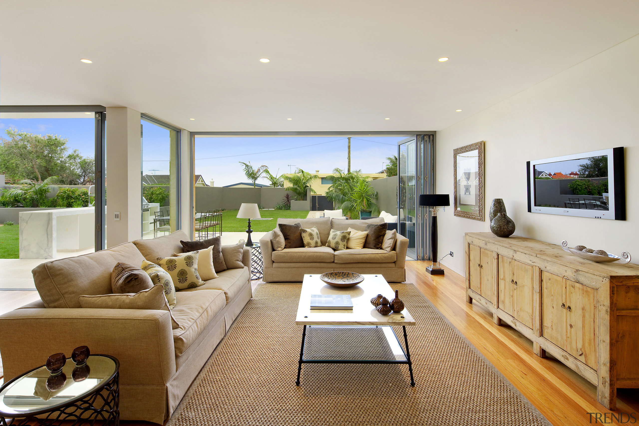 View of apartment with lounge opening out to ceiling, interior design, living room, property, real estate, window, gray