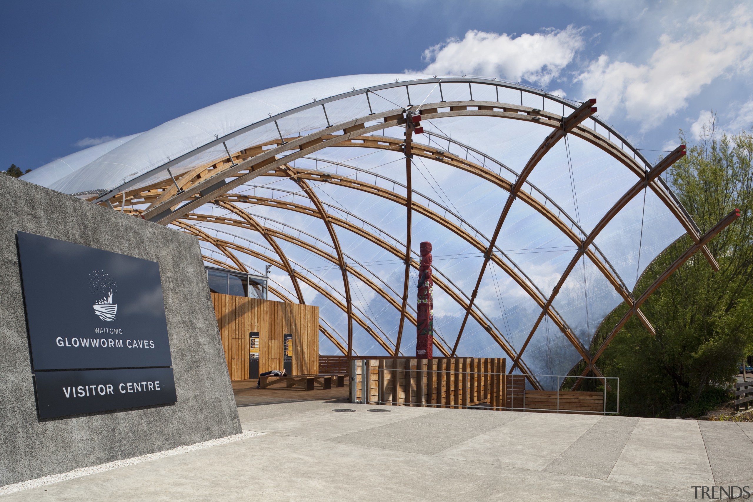 View of the canopy at the Waitomo Caves arch, architecture, building, dome, roof, shed, sky, structure, gray