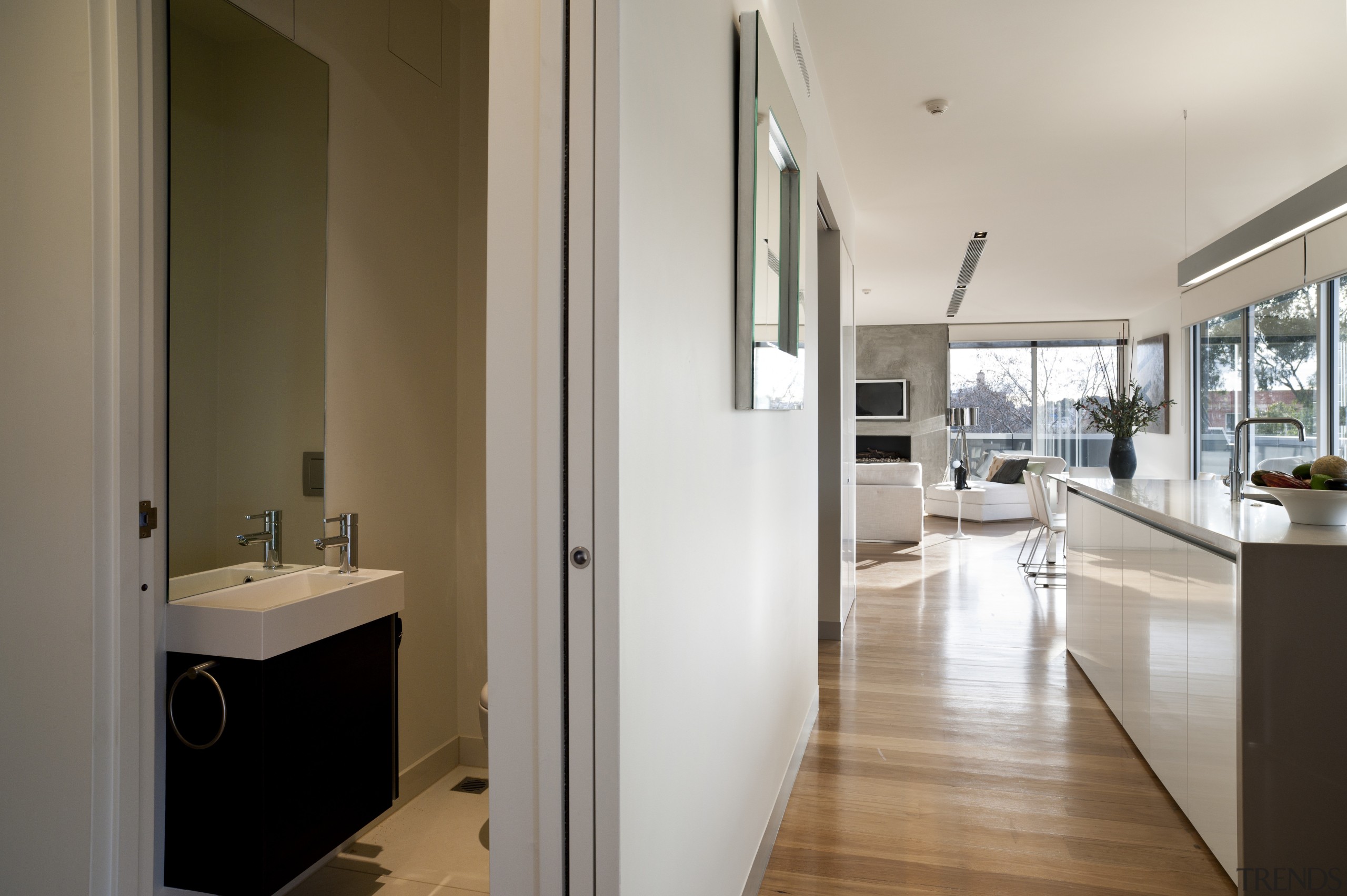 Penthouse kitchen and powder room in Rolo apartment apartment, architecture, floor, flooring, home, house, interior design, real estate, room, window, gray, brown