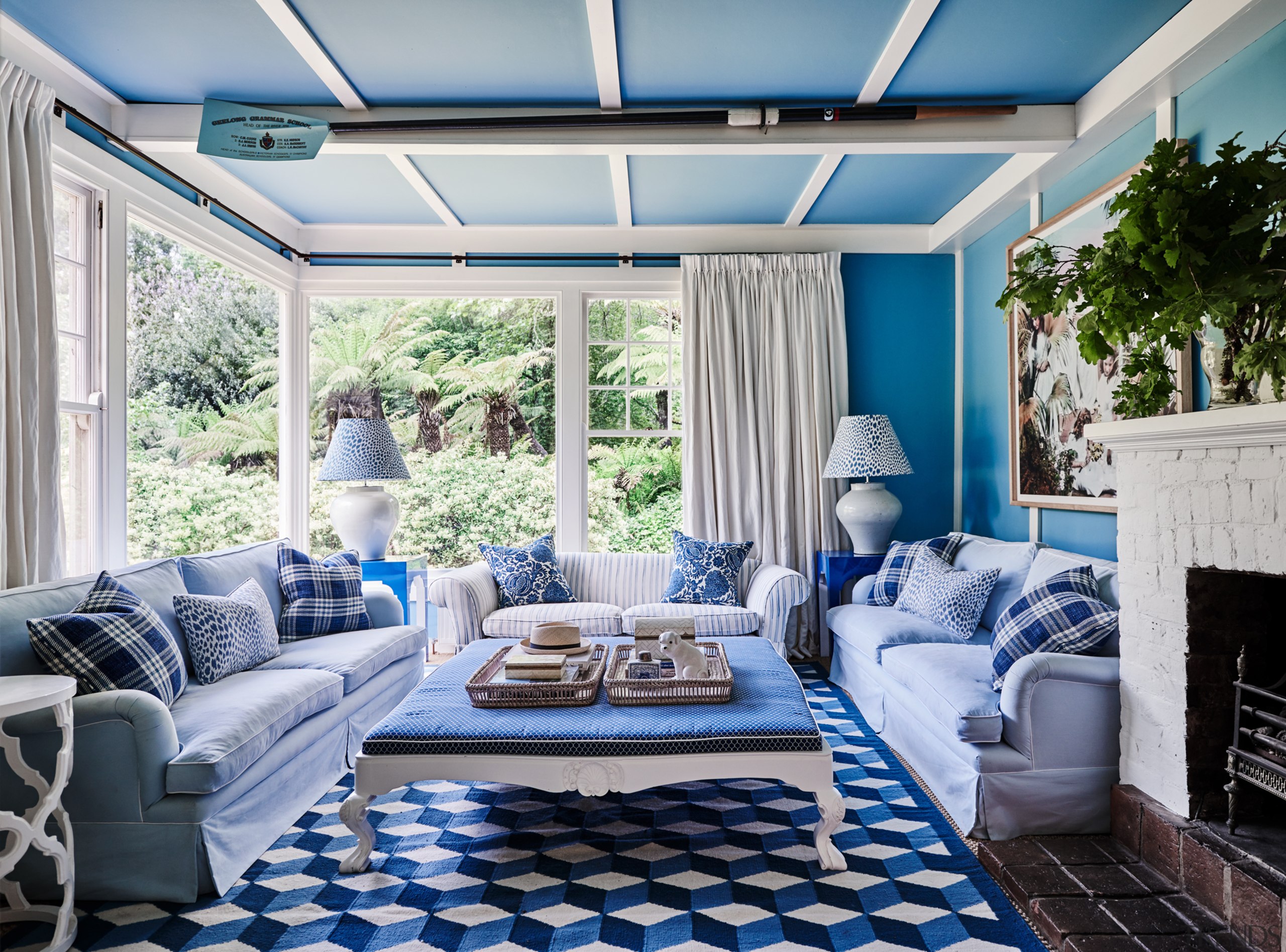 Winner - Mt Macedon Residence by Charlotte Coote blue, blue and white porcelain, building, ceiling, coffee table, couch, design, estate, furniture, home, house, interior design, living room, patio, porch, property, real estate, room, table, gray