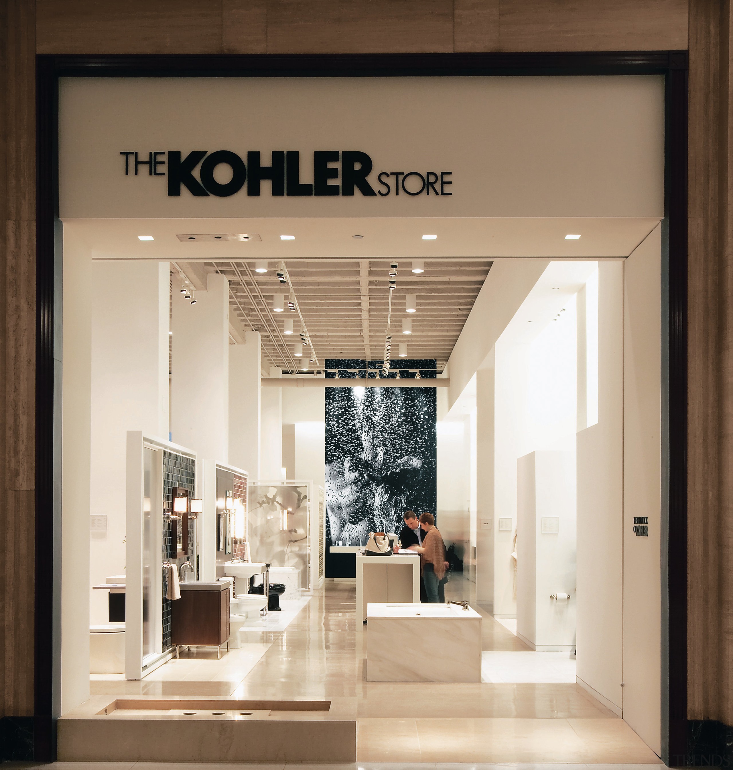 view of the new Kohler Chicago store showcasing boutique, ceiling, interior design, brown, white