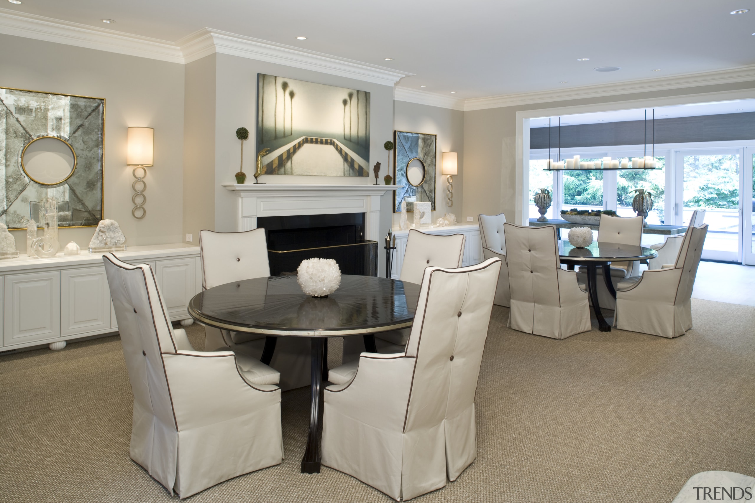 Image of the dining room. The room features dining room, furniture, home, interior design, living room, real estate, room, table, gray