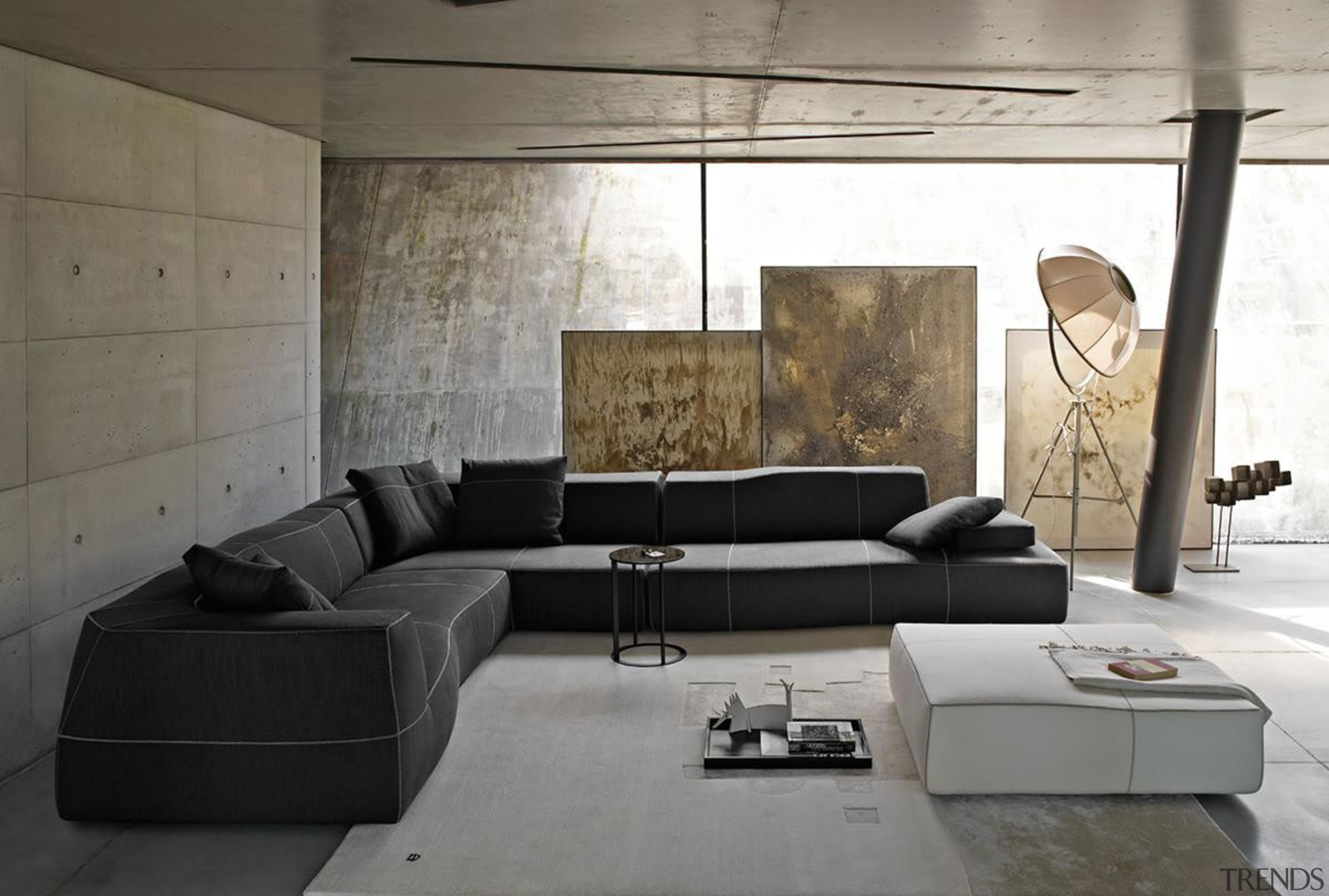 Bend sofa by Patricia Urquiola for B&amp;B Italia angle, couch, floor, furniture, interior design, living room, loveseat, product design, sofa bed, table, wall, gray