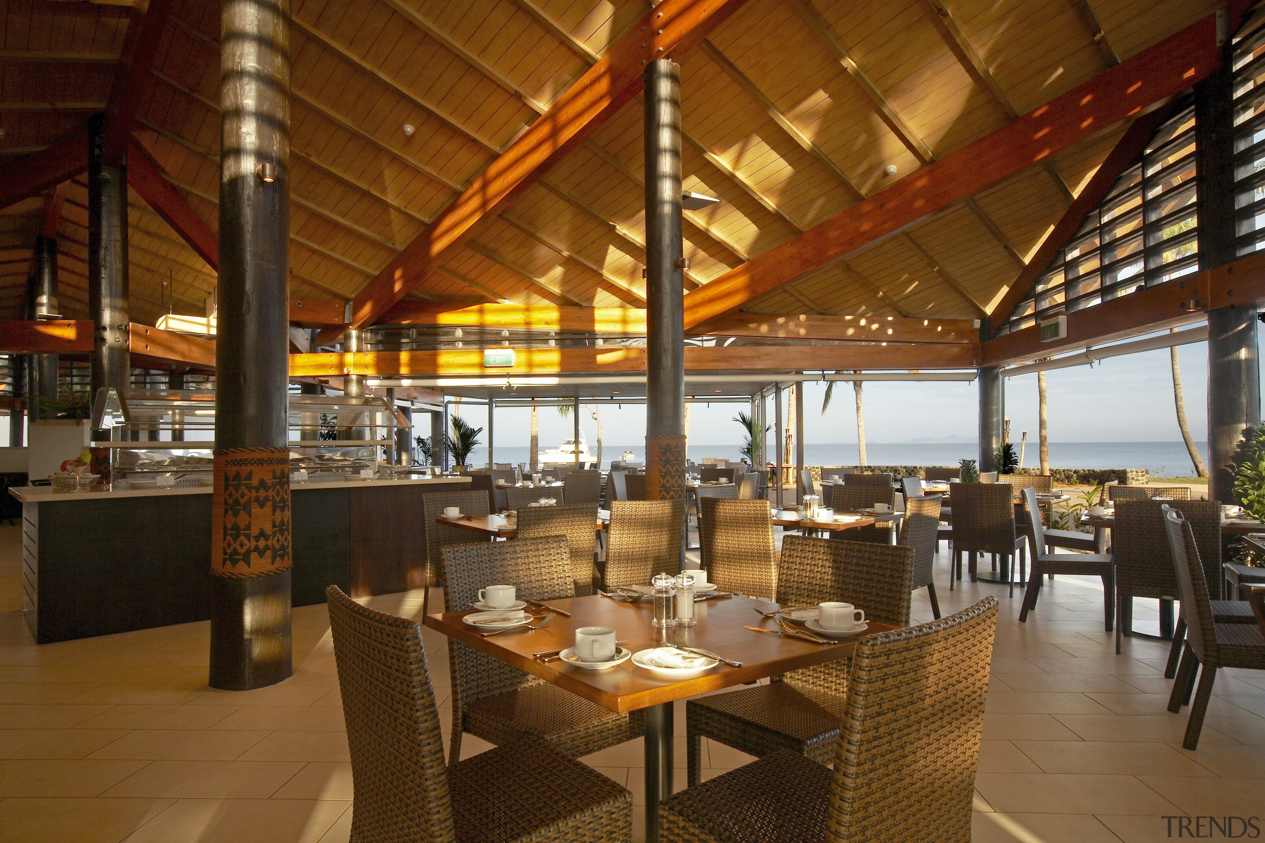 Inside the beach resturant, Fijian patterns and materials resort, restaurant, brown