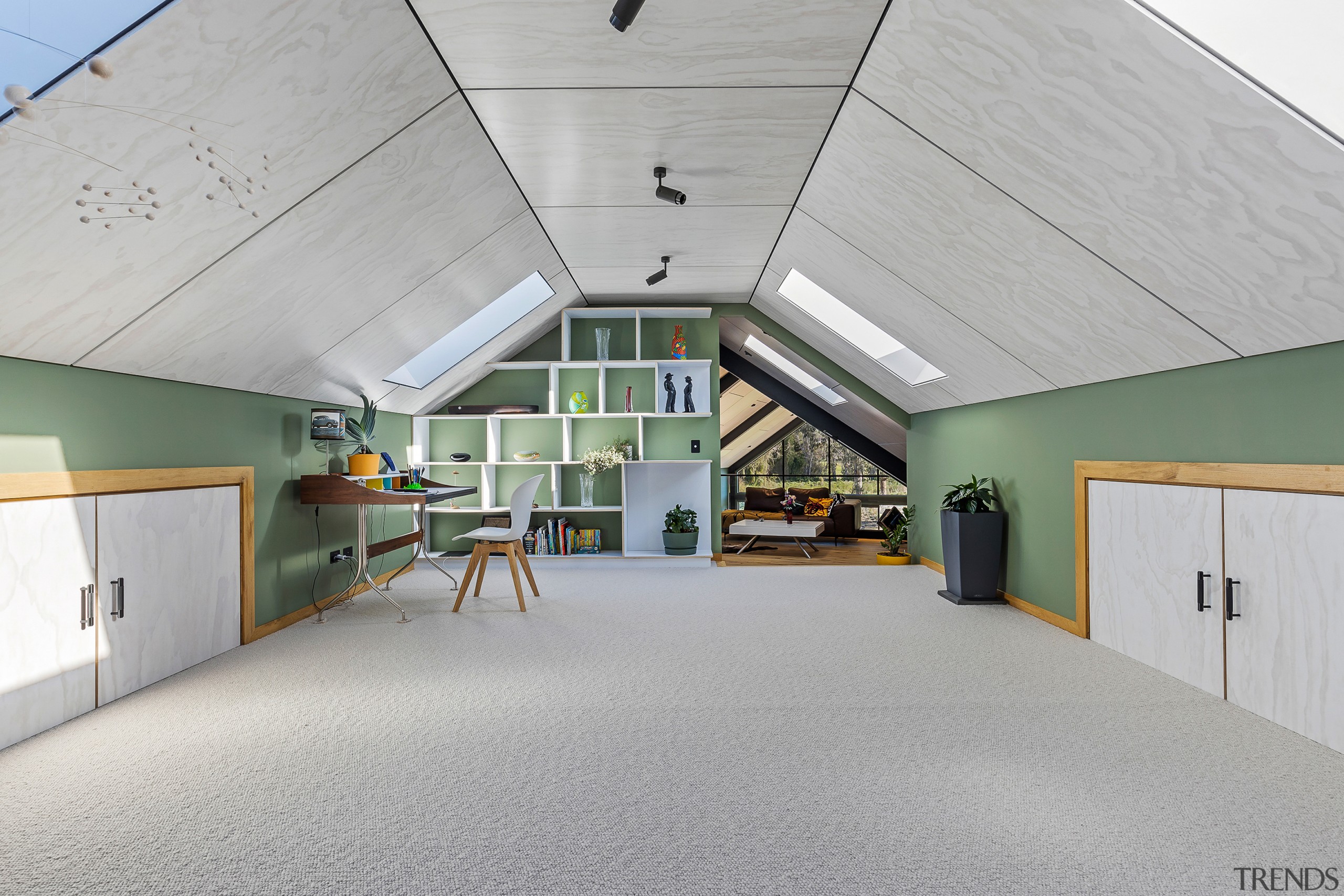 PlyPlay (a prefinished, UV-coated plywood) ceiling with negative 