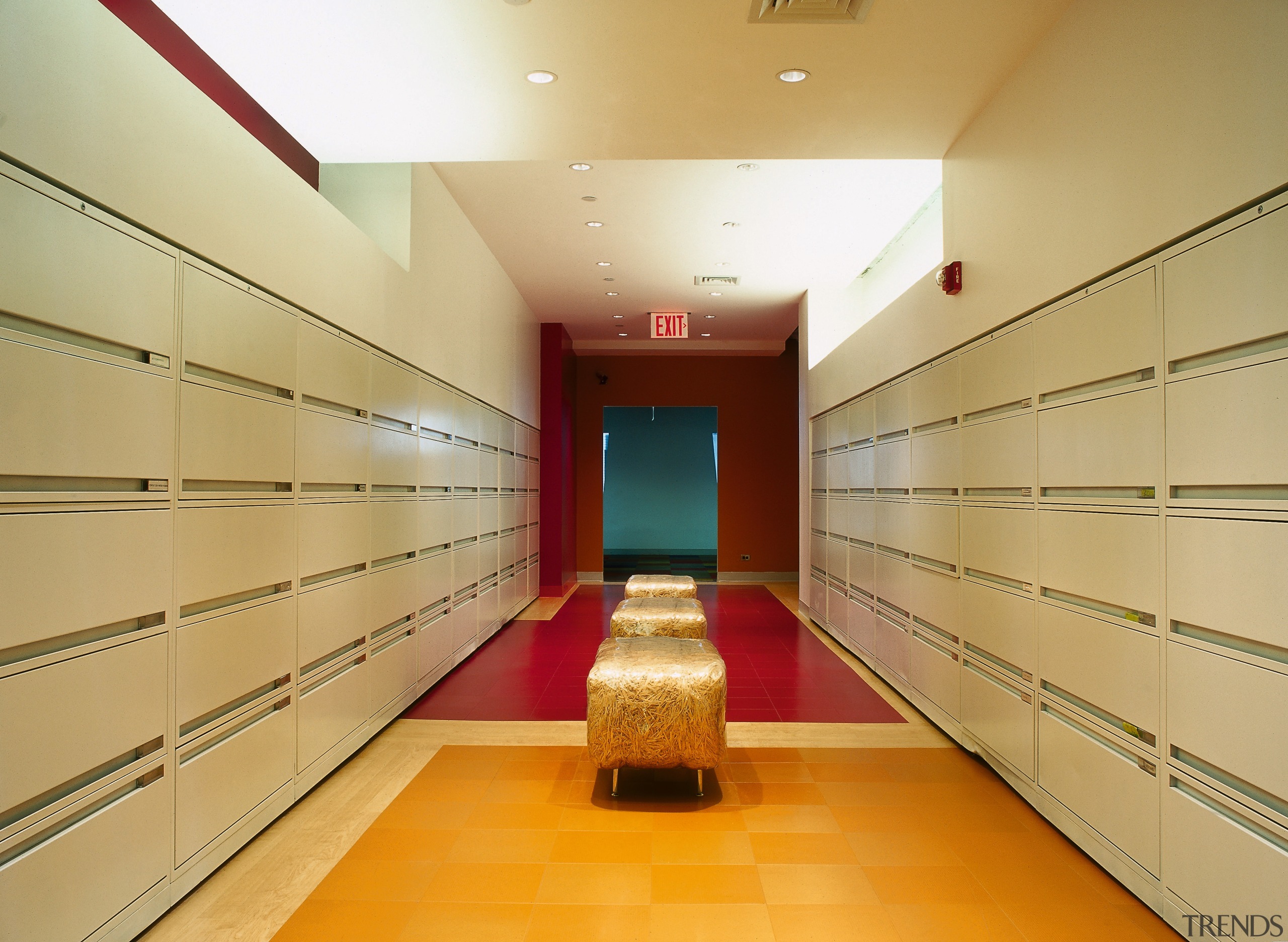 A view of the filing room, many filing architecture, ceiling, floor, interior design, lobby, room, orange