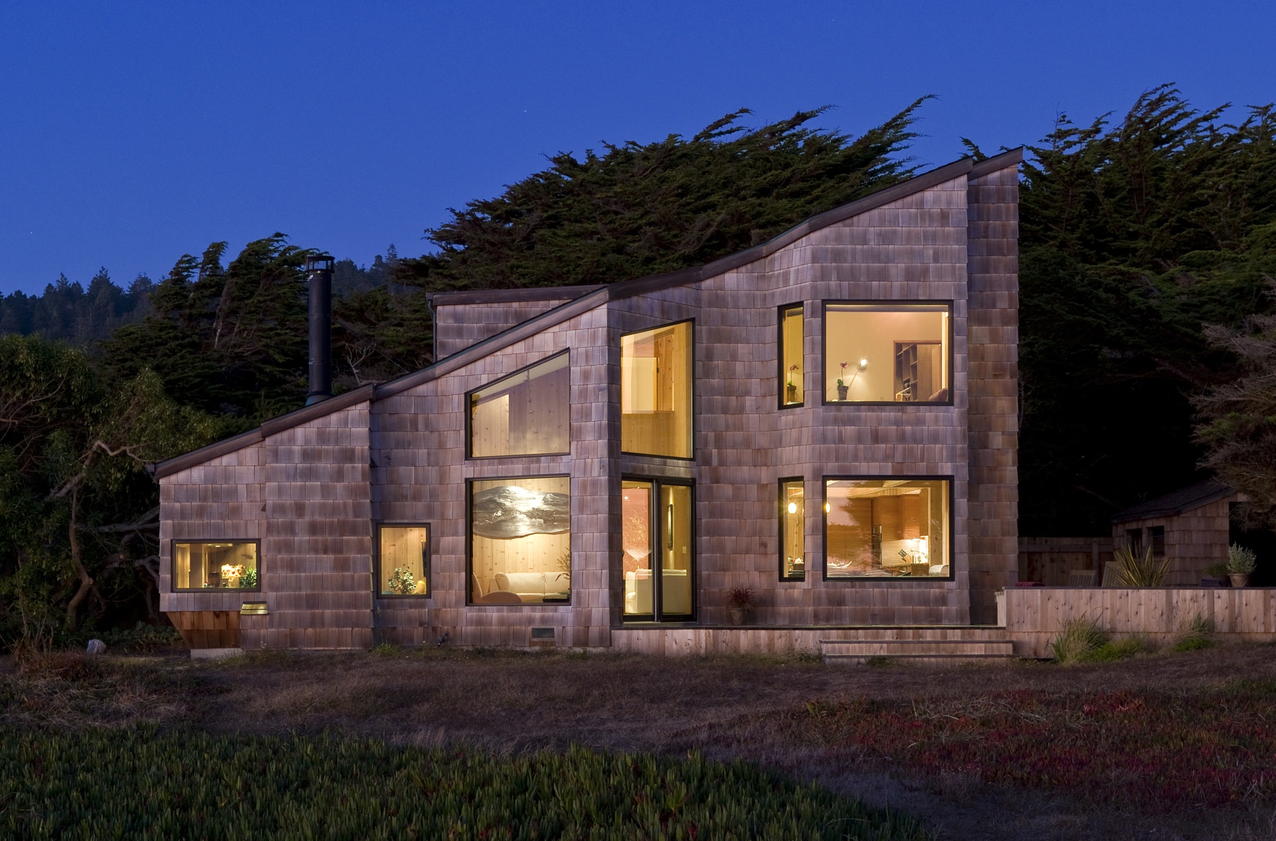 The new exterior is true to the original architecture, cottage, estate, facade, farmhouse, home, house, landscape, lighting, property, real estate, sky, black