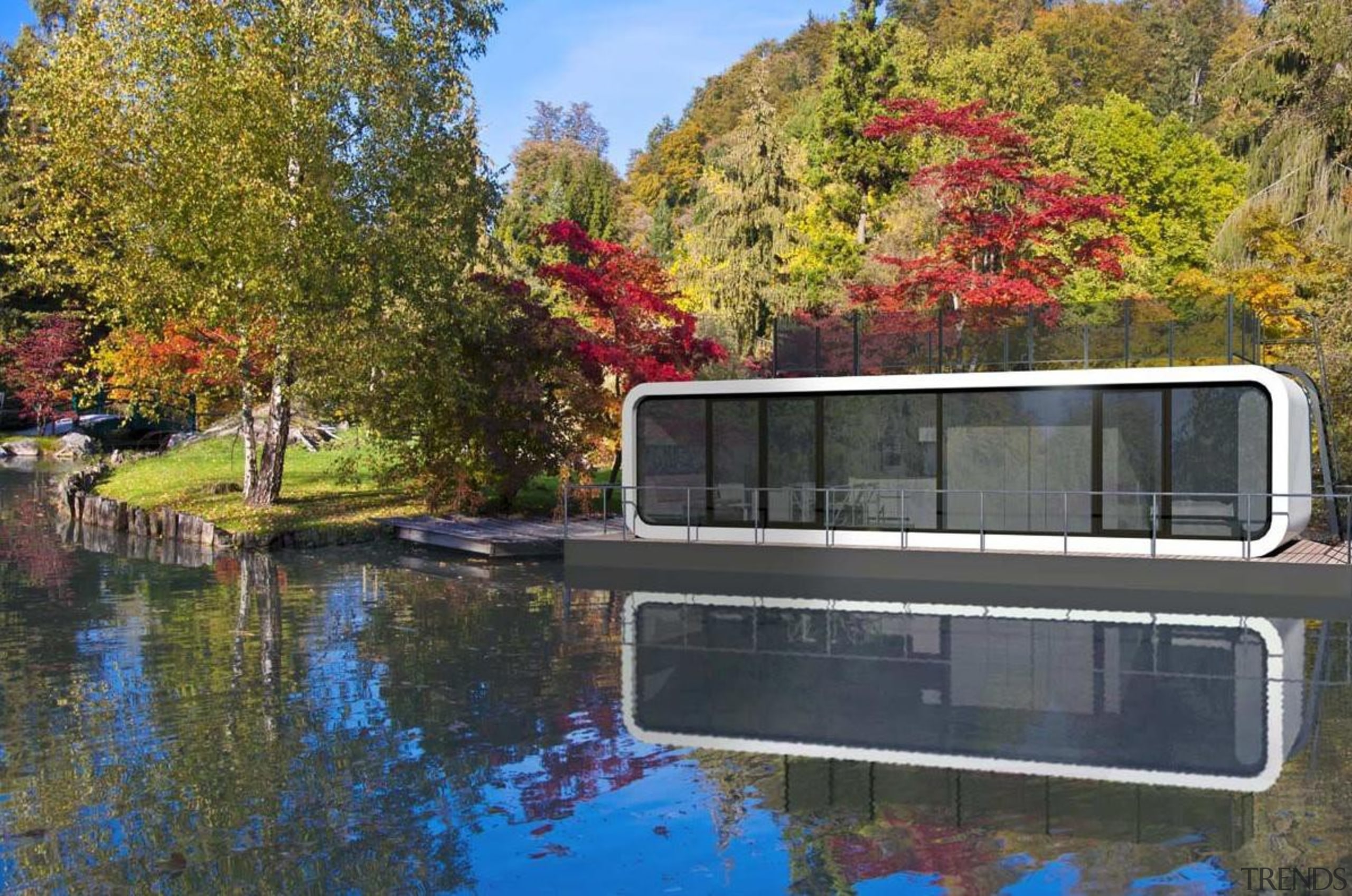 Coodo is a German mobile home modular system autumn, canal, home, house, lake, landscape, leaf, plant, pond, real estate, reflection, tree, water, waterway, brown