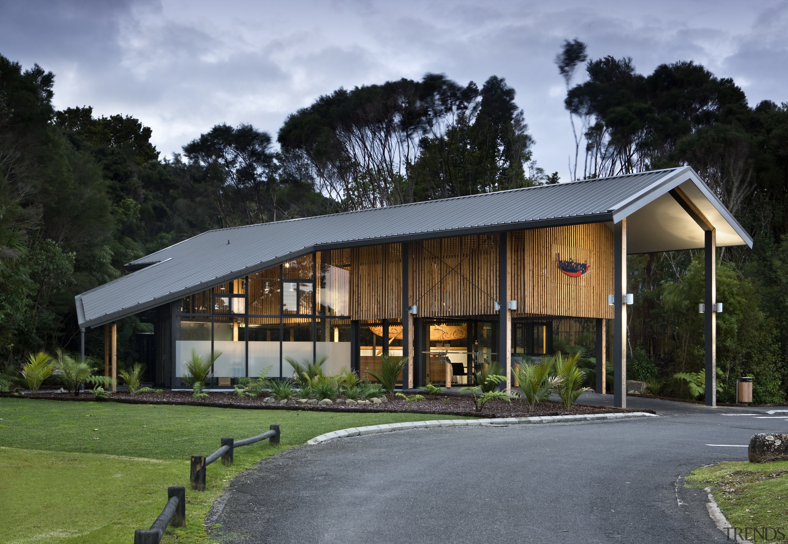 View of steel structured, slatted wood and glass architecture, cottage, home, house, real estate, black