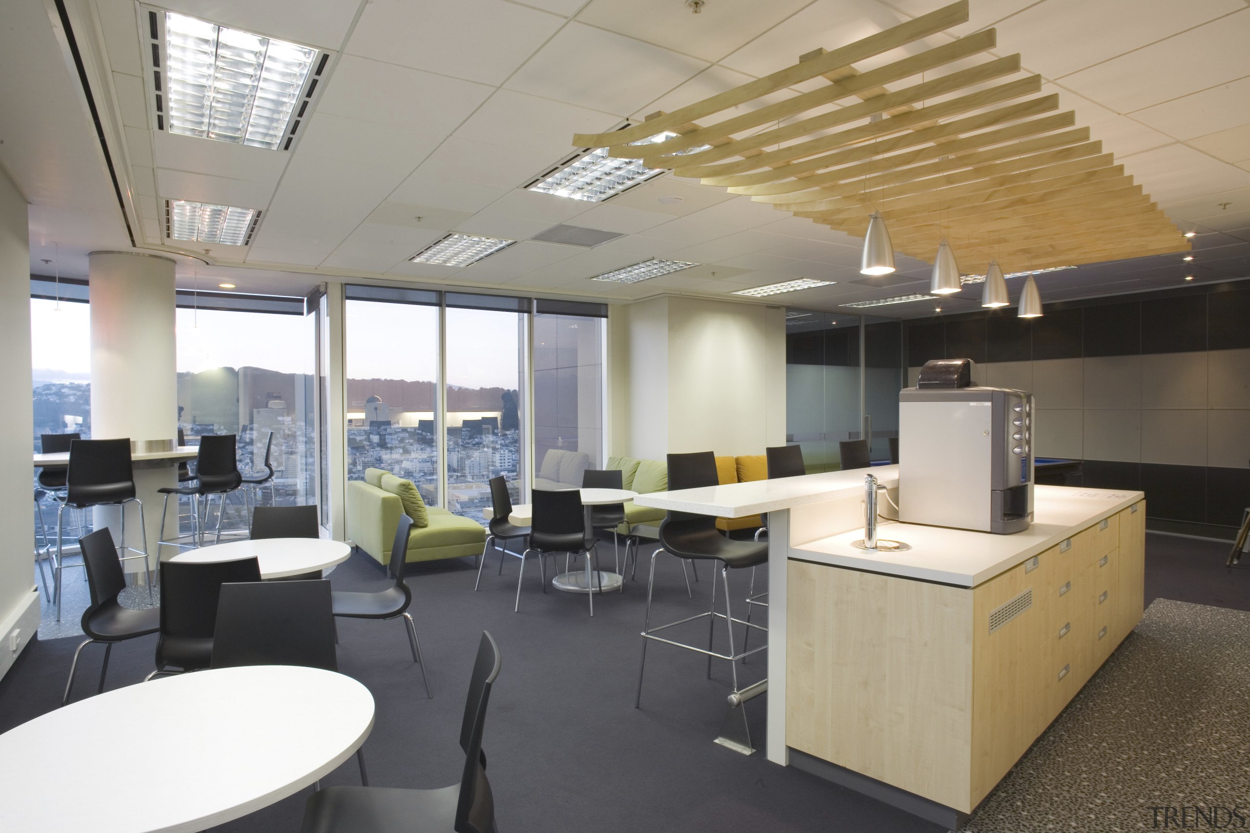 Open-plan offices and a break-out area mean broader ceiling, conference hall, institution, interior design, office, real estate, gray