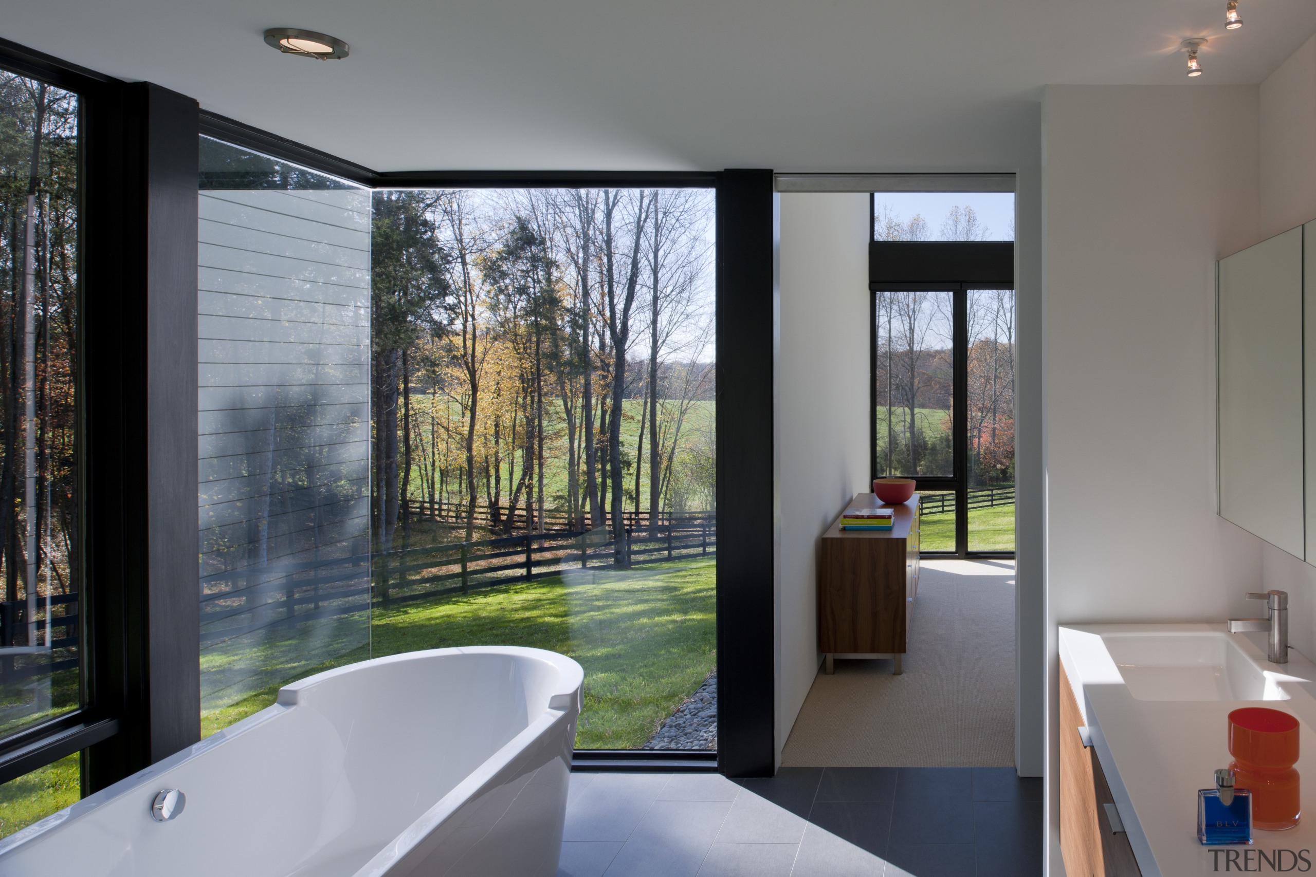 The master bathroom in this modern country house architecture, bathroom, home, house, interior design, real estate, room, window, gray