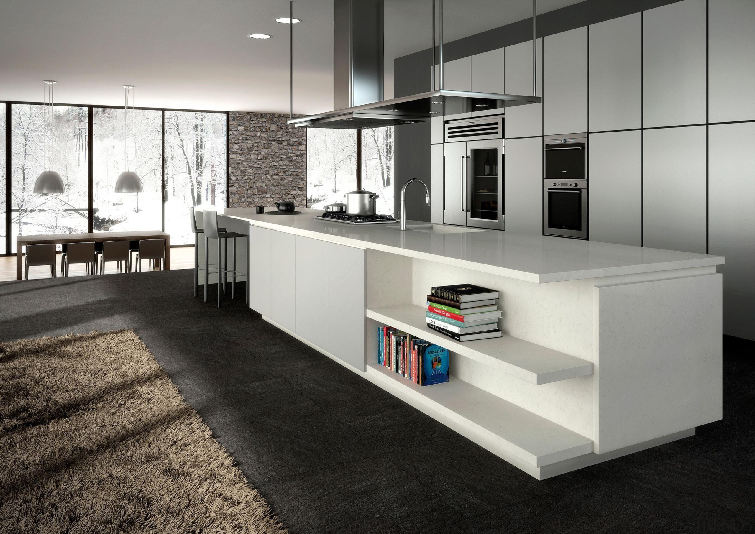 An eloquent opaque light grey with soft charcoal countertop, floor, furniture, interior design, kitchen, product design, gray, black, white