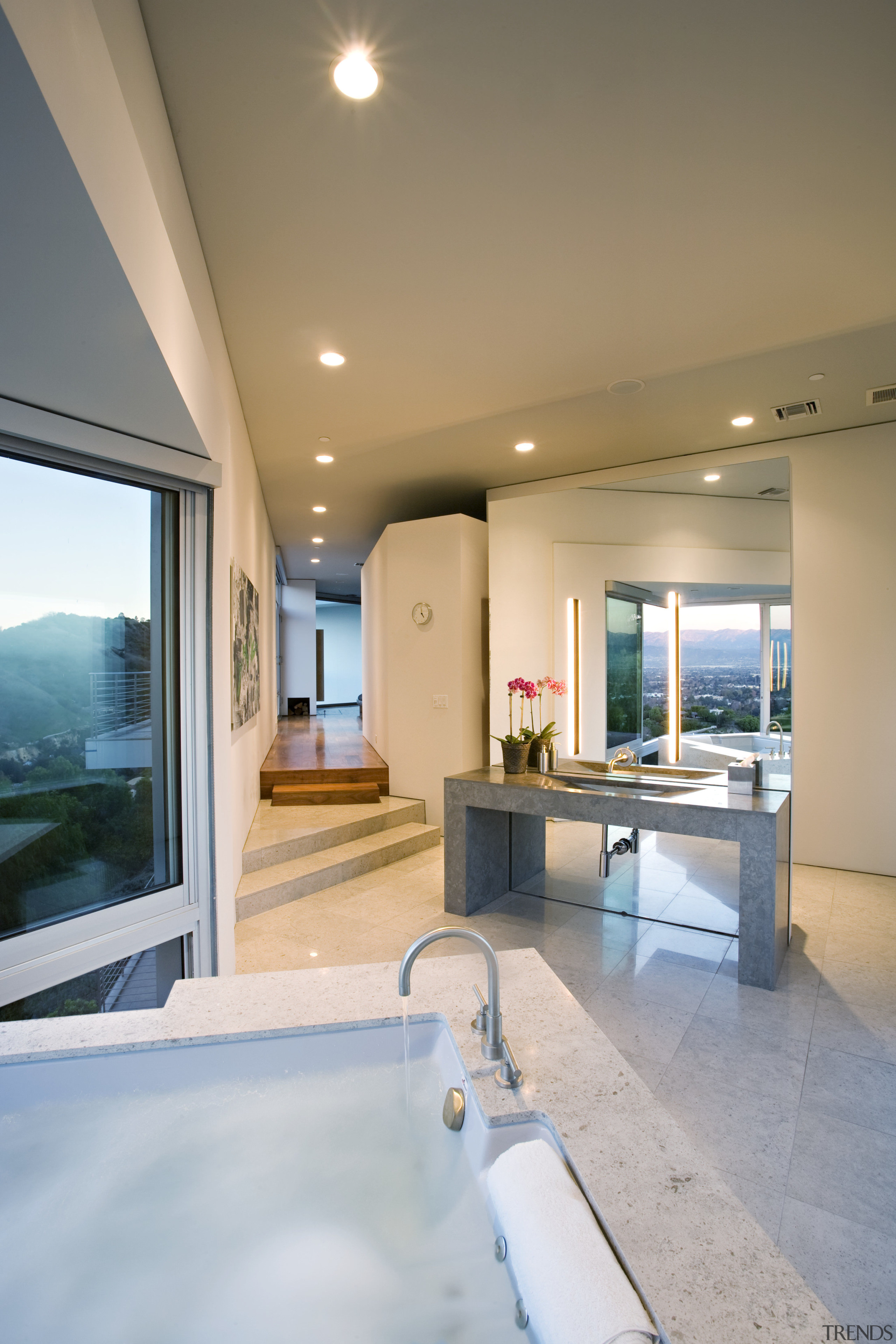 View of limestone bathtub with faucetry, tiled flooring, apartment, architecture, bathroom, ceiling, daylighting, estate, floor, home, house, interior design, living room, real estate, room, window, gray