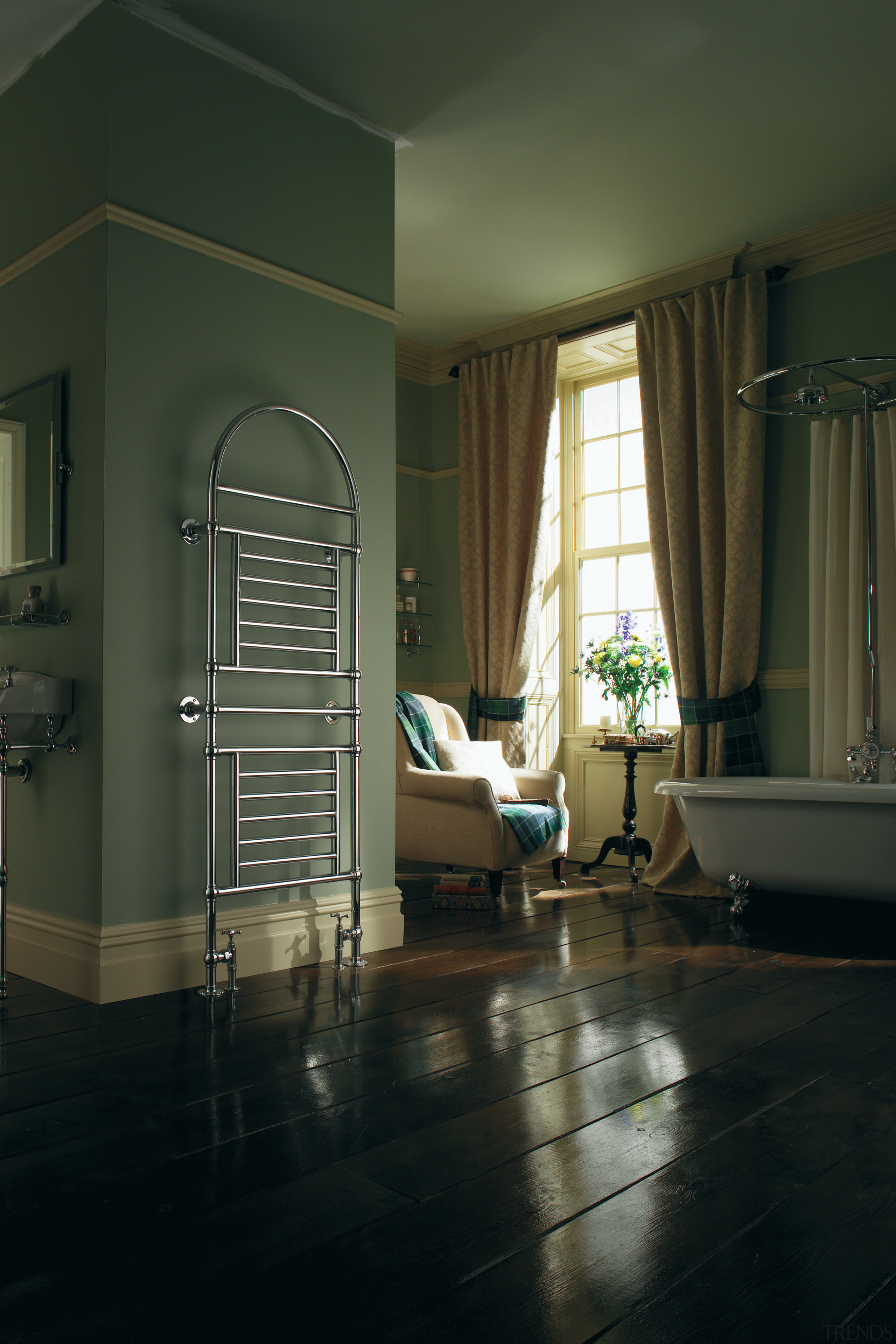 View of the towel rail - View of architecture, ceiling, daylighting, door, floor, flooring, glass, home, house, interior design, room, wall, window, wood, black, brown