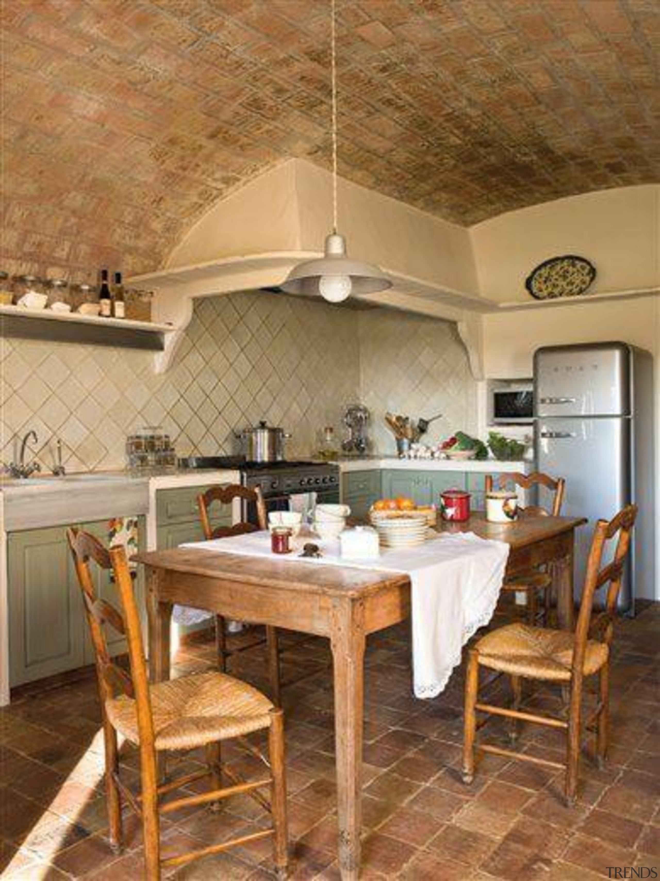 Brick barrel vaulted ceiling and Smeg silver fridge/freezer!**Please ceiling, countertop, cuisine classique, dining room, floor, flooring, interior design, kitchen, room, table, brown, orange