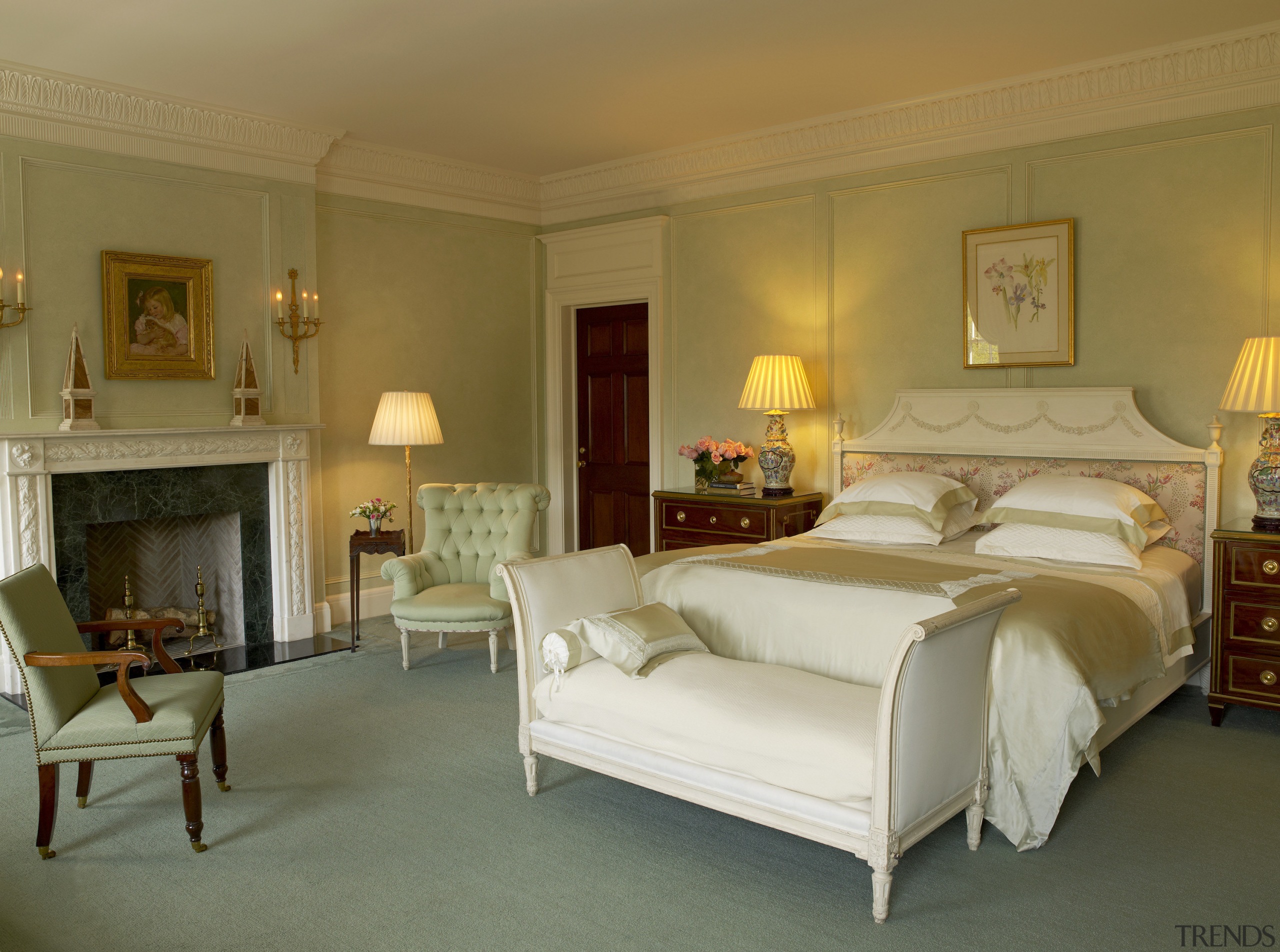 View of the master bedroom which features a bed, bed frame, bed sheet, bedroom, ceiling, estate, furniture, home, interior design, room, suite, brown