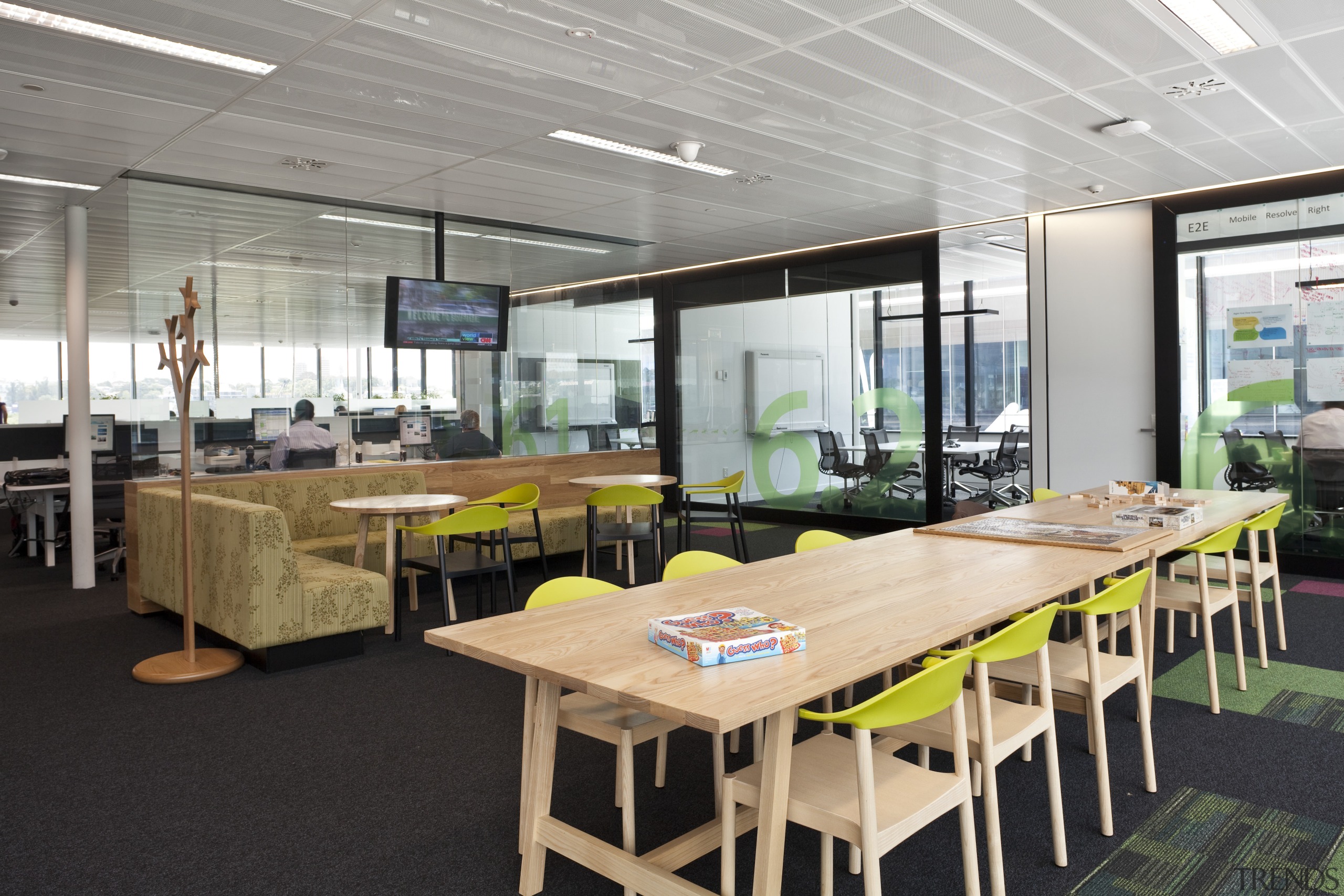 View of the Telecom Auckland head office, spread furniture, interior design, real estate, table, black, white