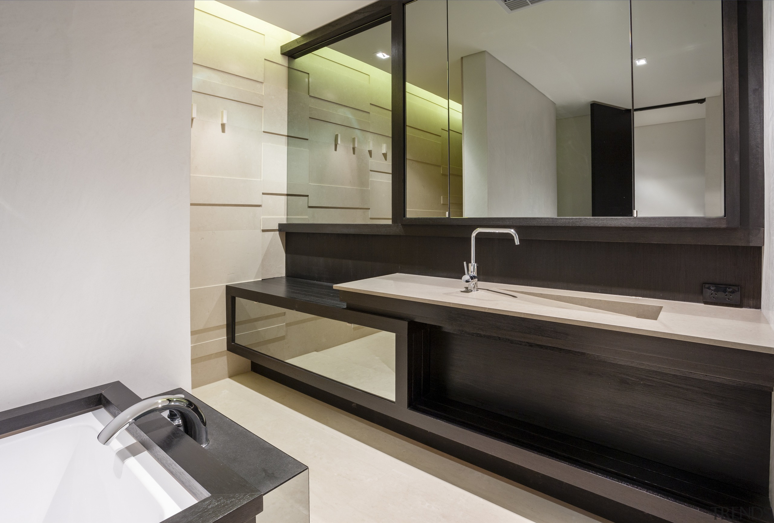 Textural wall panelling and mirrored cabinetry enlivens this bathroom, countertop, interior design, product design, sink, gray, black