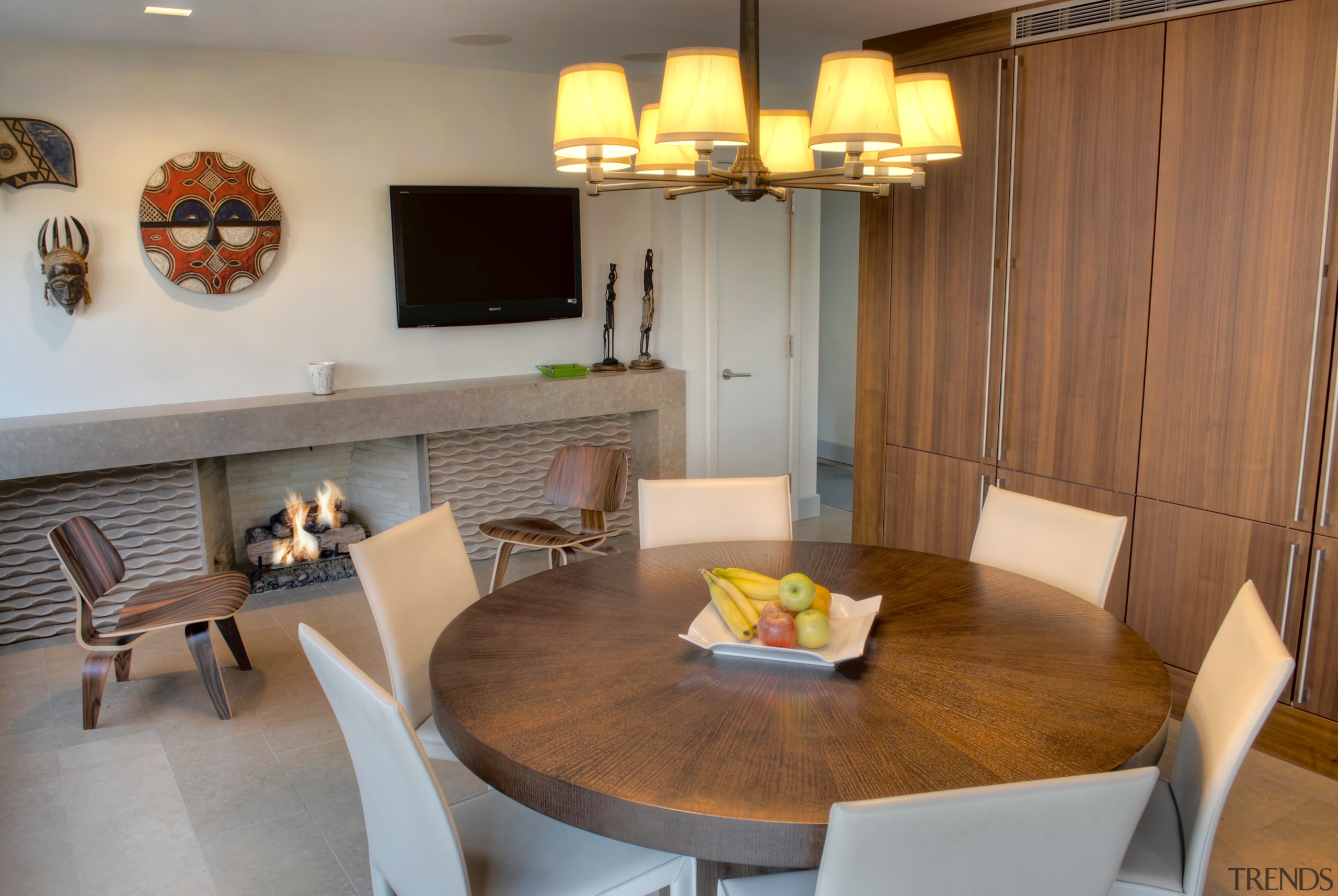 View of contemporary kitchen and dining area with dining room, interior design, kitchen, living room, real estate, room, table, brown, gray