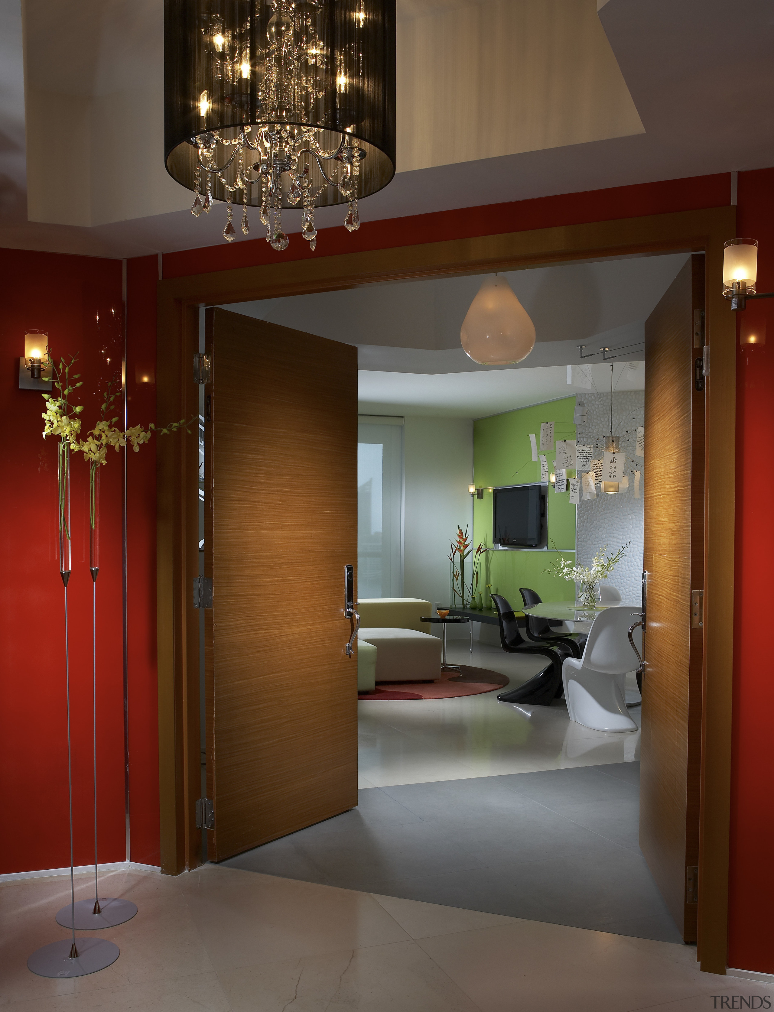 View of doorway into lounge area. - View architecture, ceiling, interior design, lobby, room, wall, brown, red