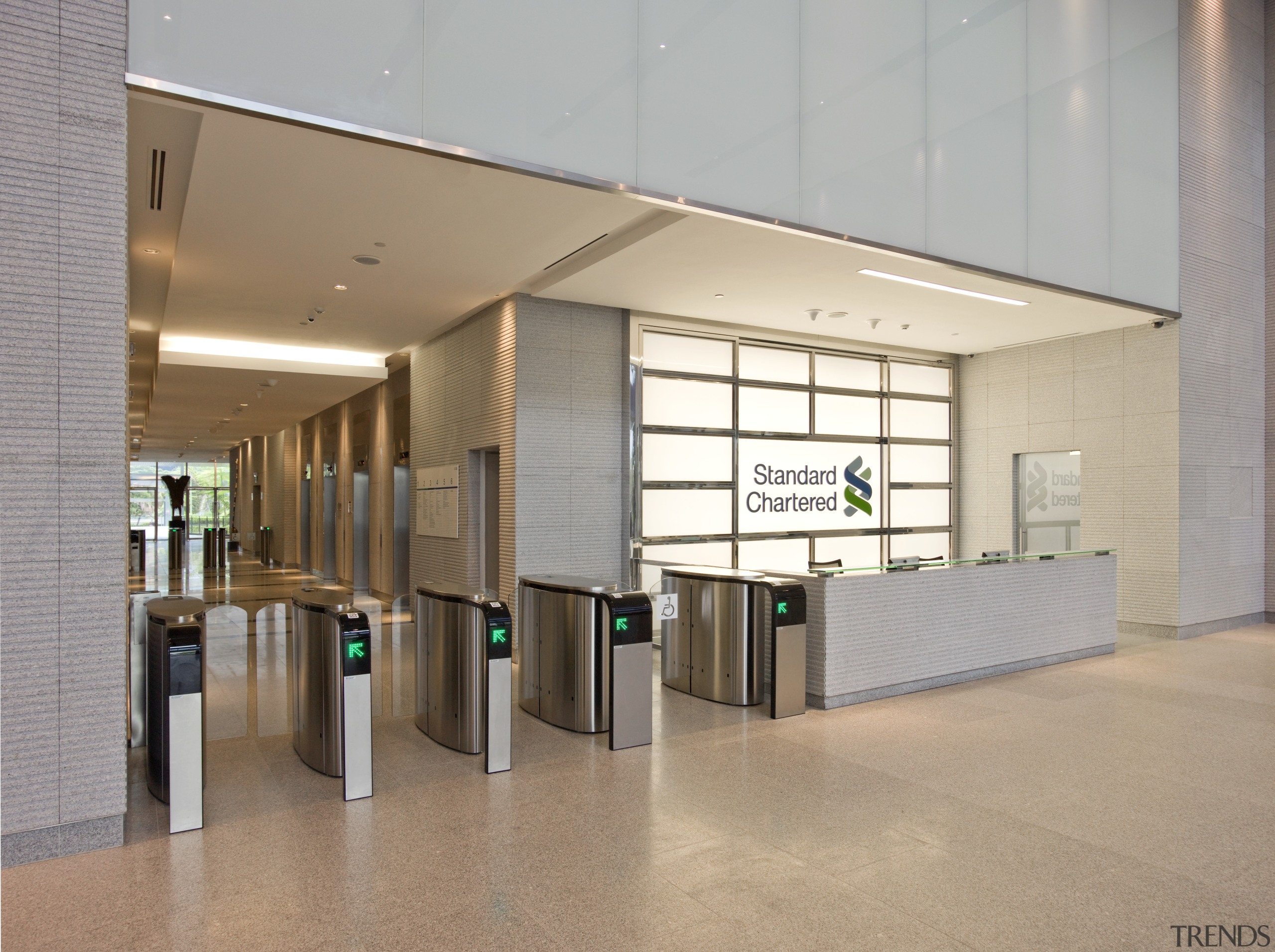 Standard Chartered Bank, Changi Business Park, Singapore daylighting, floor, flooring, interior design, lobby, gray