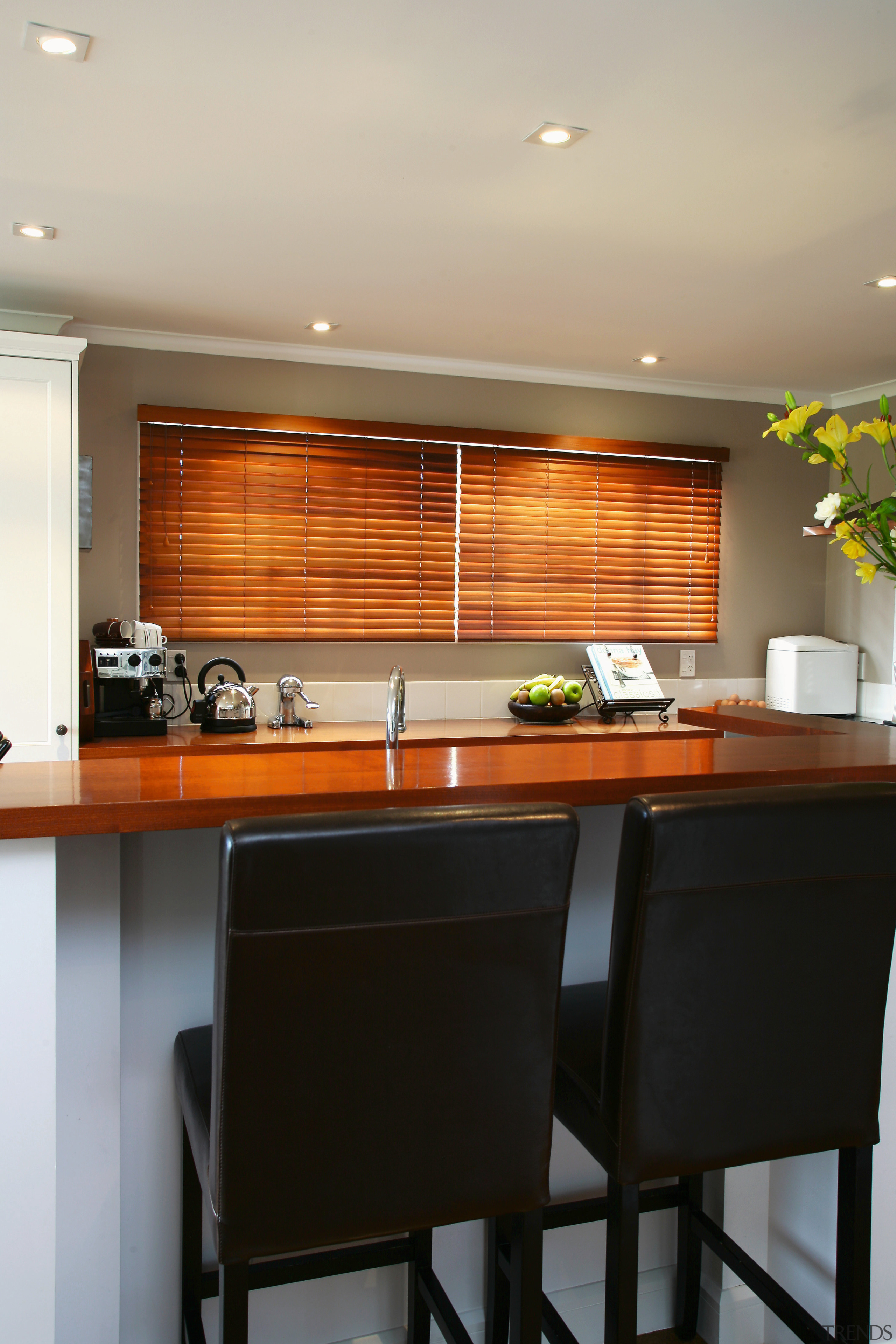 A view of some blinds from Window Treatments. cabinetry, countertop, cuisine classique, interior design, kitchen, real estate, room, under cabinet lighting, gray, black