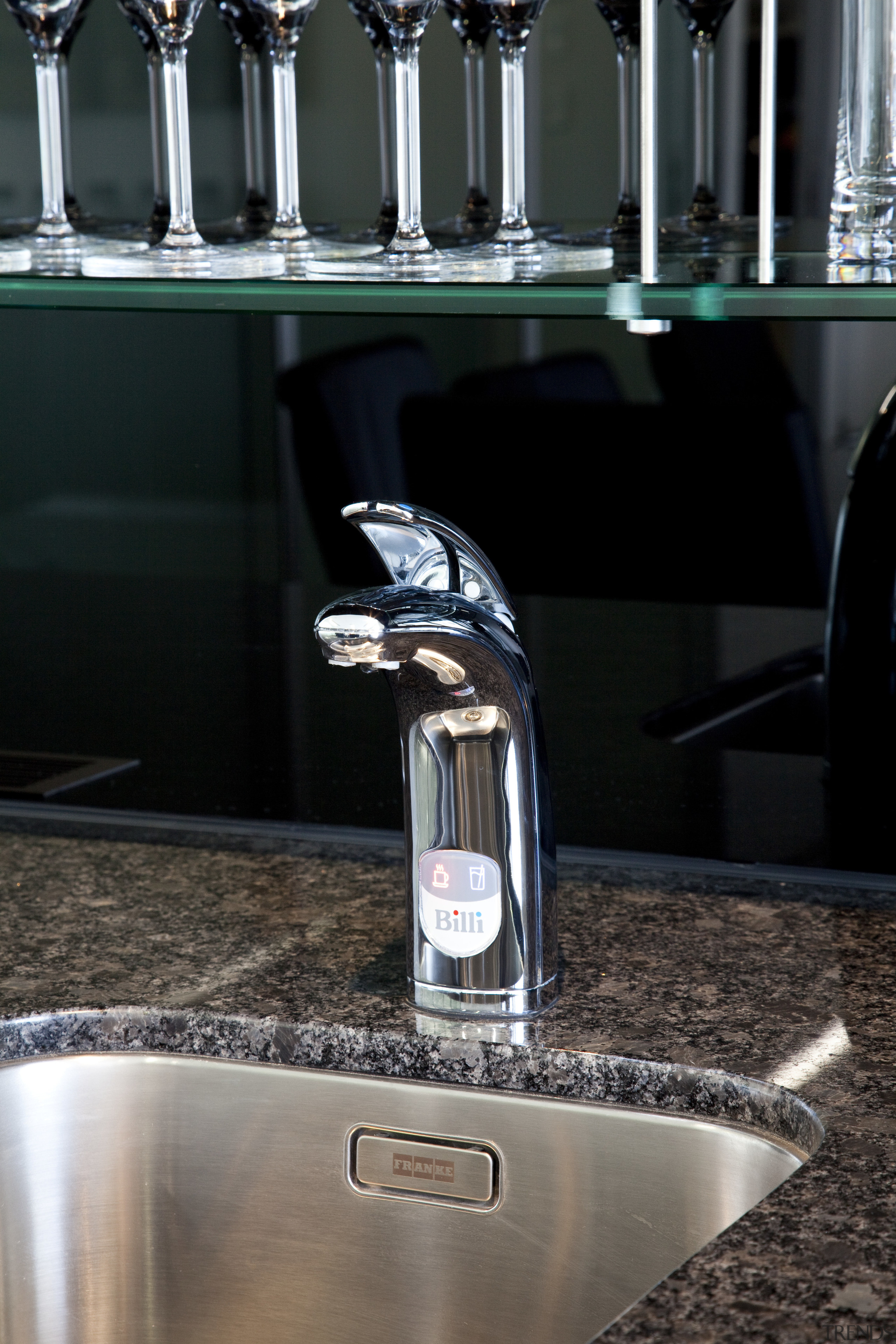 Seen here is a drinking-water system designed by countertop, glass, tap, water, black