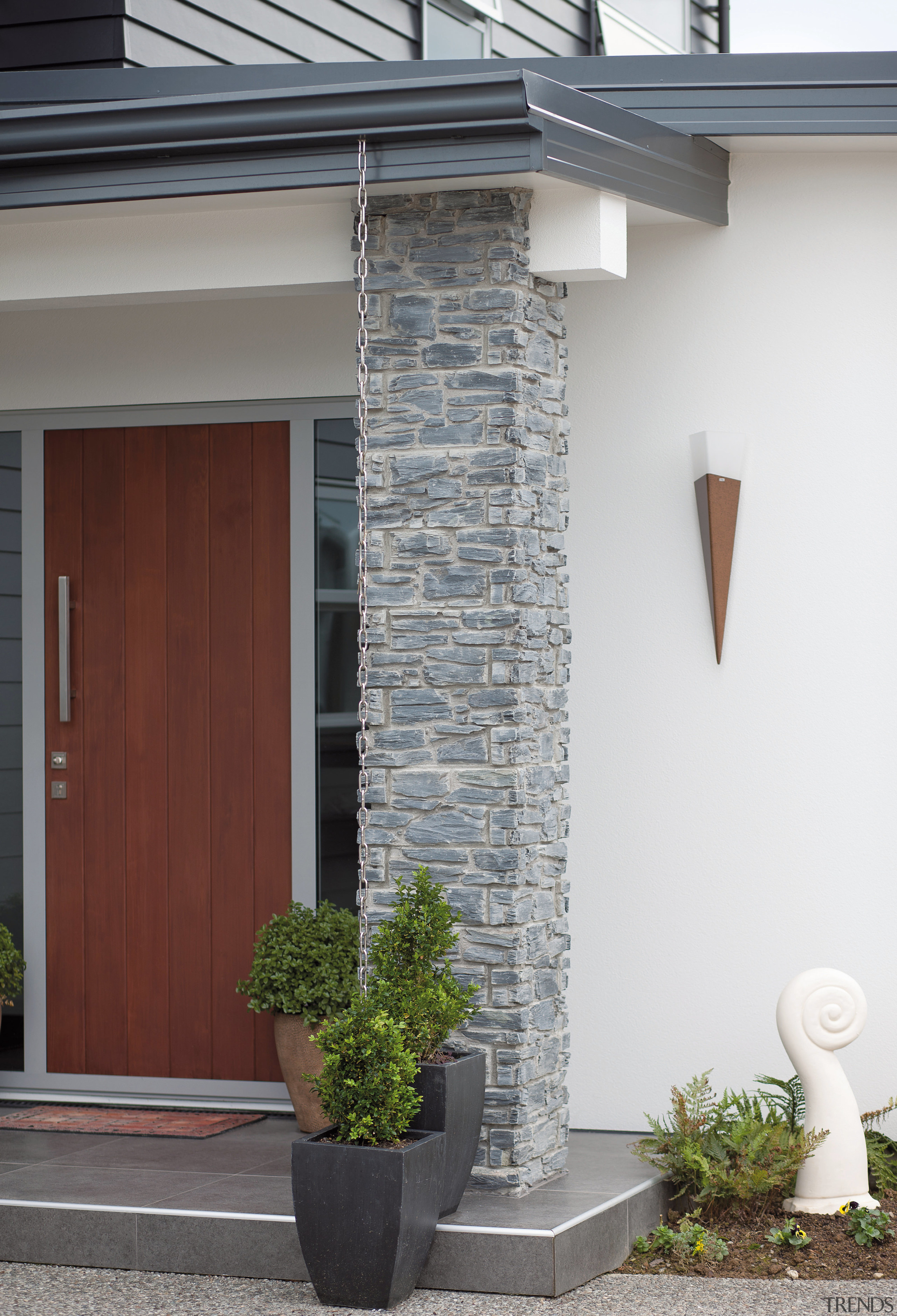 The entry to this new GJ Gardner Homes architecture, facade, home, house, siding, structure, window, gray, white