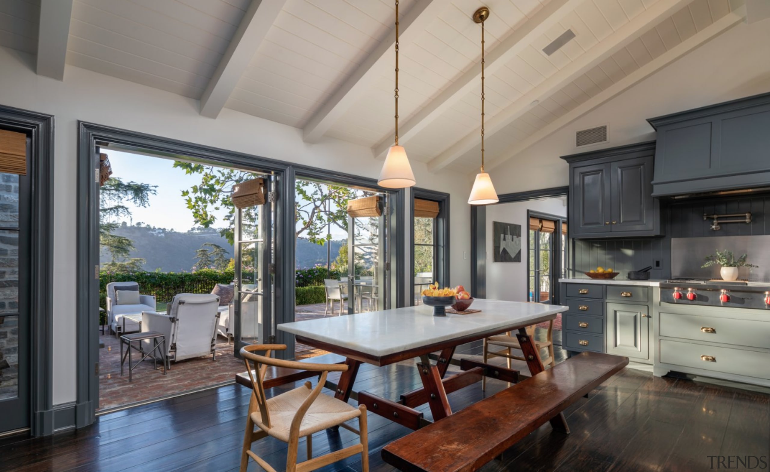 Step inside Jodie Foster's Beverly Hills home - architecture, building, ceiling, countertop, daylighting, dining room, estate, floor, flooring, furniture, hardwood, home, house, interior design, kitchen, loft, property, real estate, room, table, window, wood flooring, gray, black