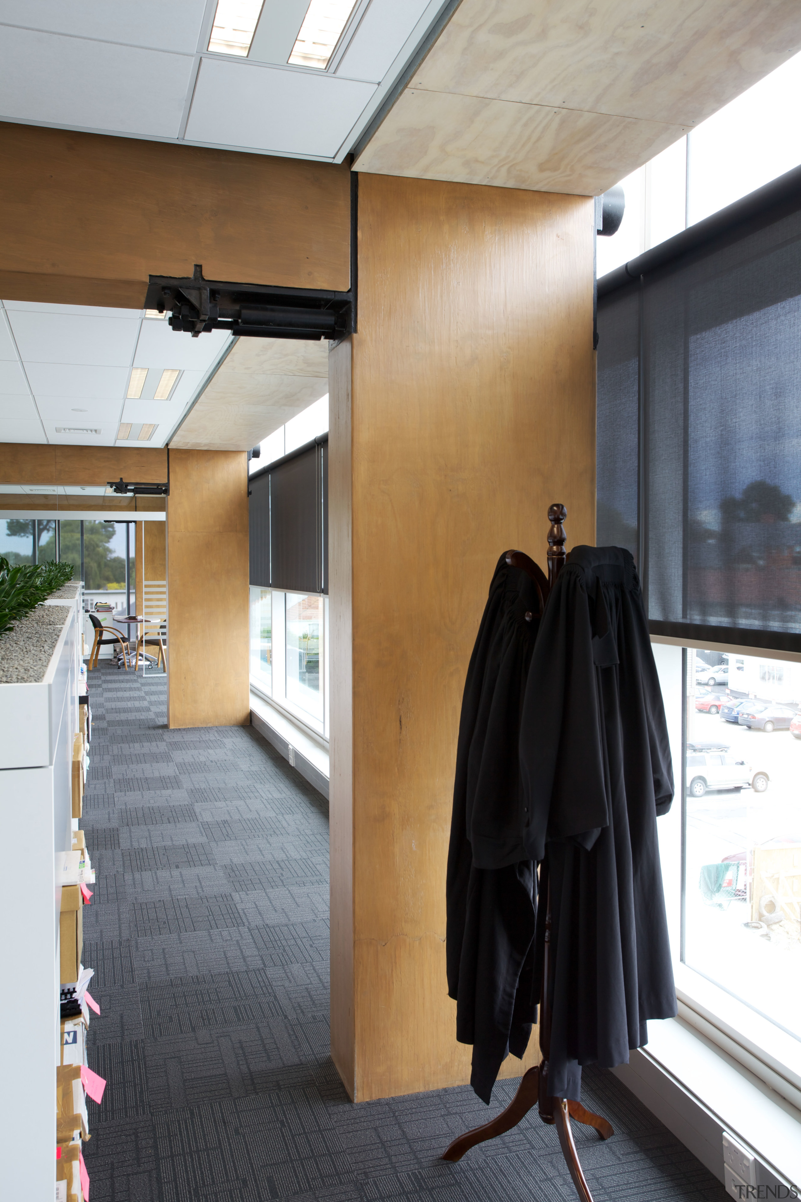 The LVL beams in this Christchurch building feature floor, flooring, interior design, white