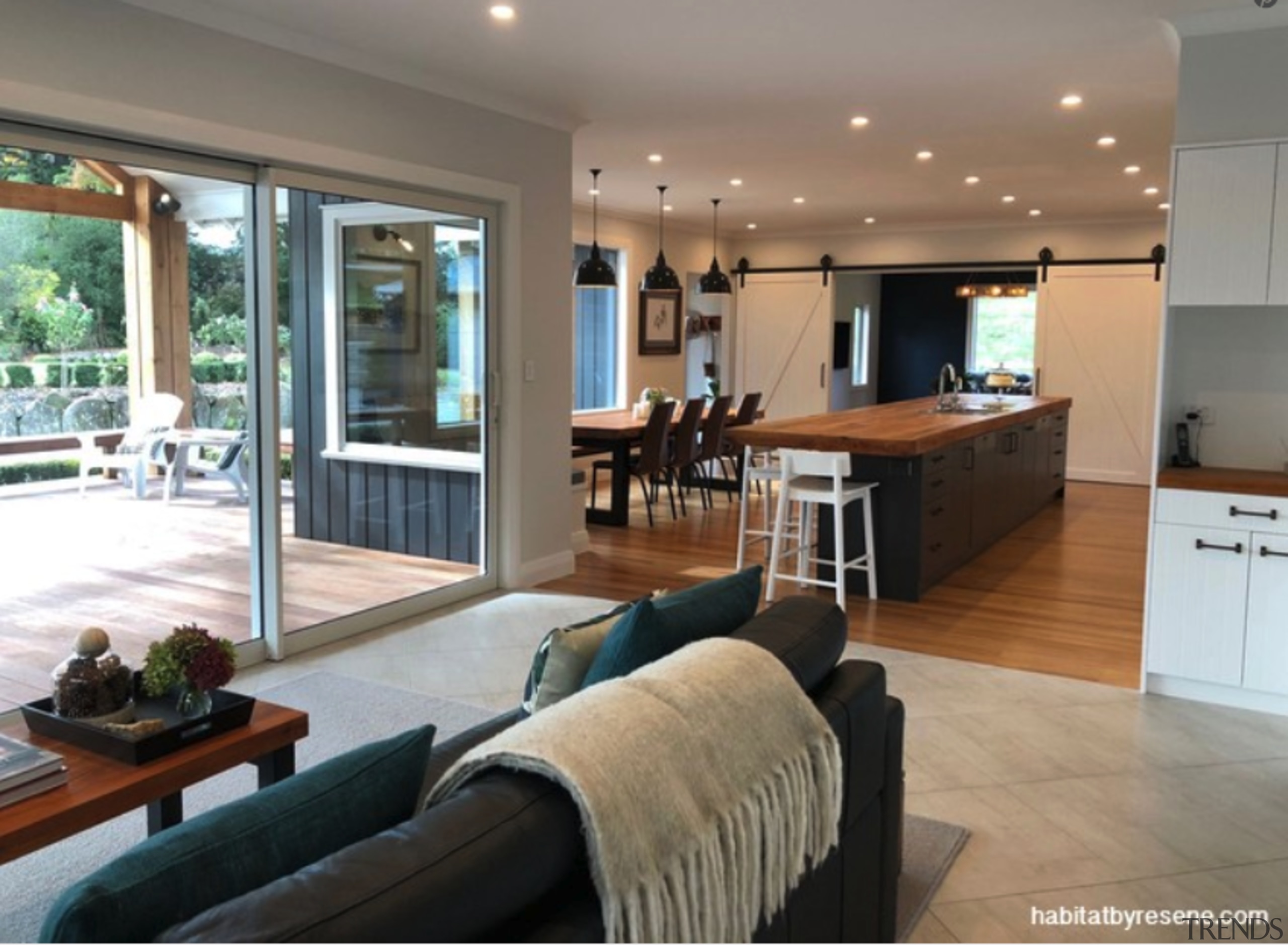 New open-space layout of the living area - architecture, building, cabinetry, ceiling, door, estate, floor, flooring, furniture, hardwood, home, house, interior design, living room, property, real estate, room, table, window, wood flooring, gray