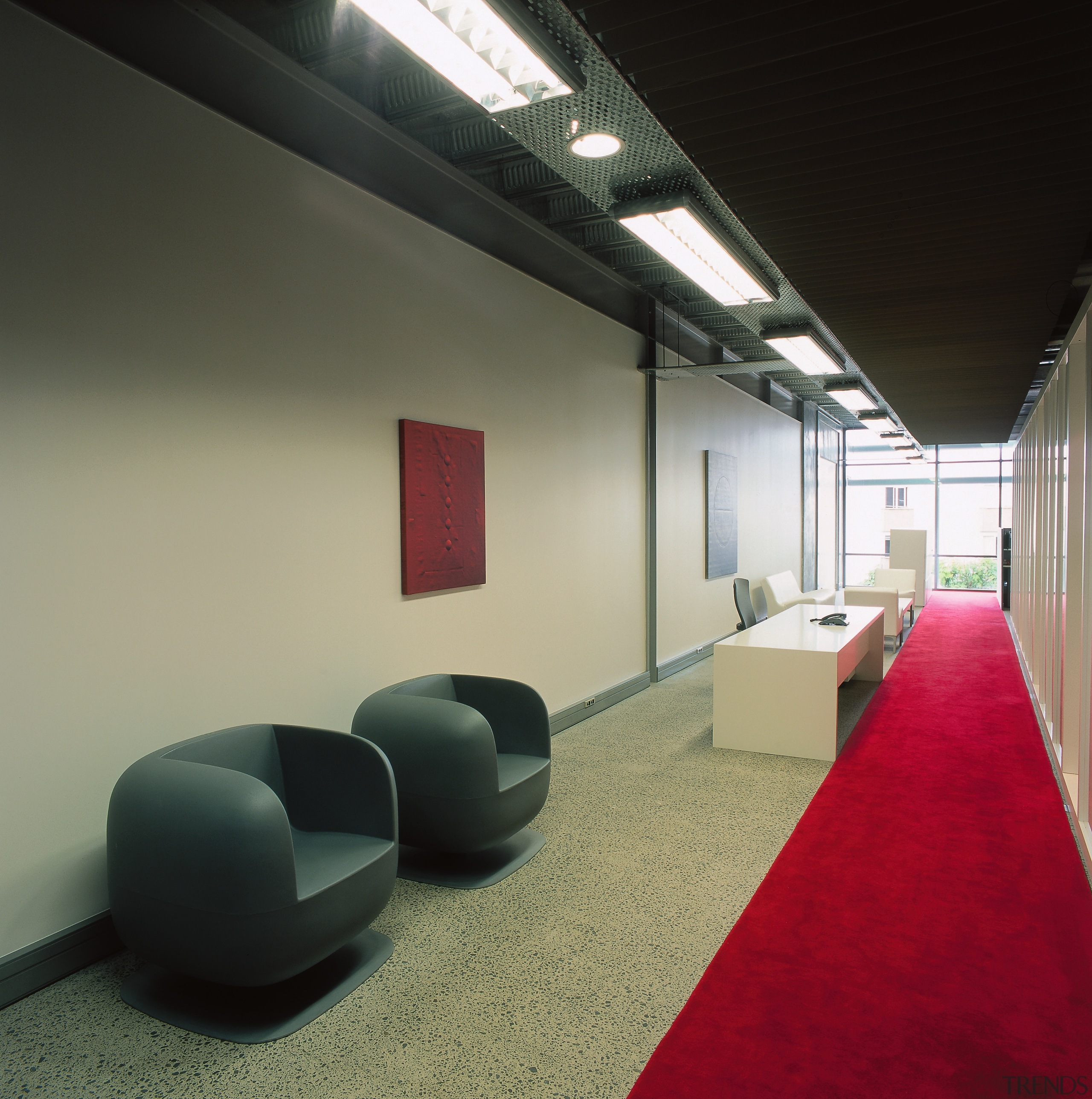 A view of the reception area, carpet, grey architecture, ceiling, daylighting, floor, interior design, black