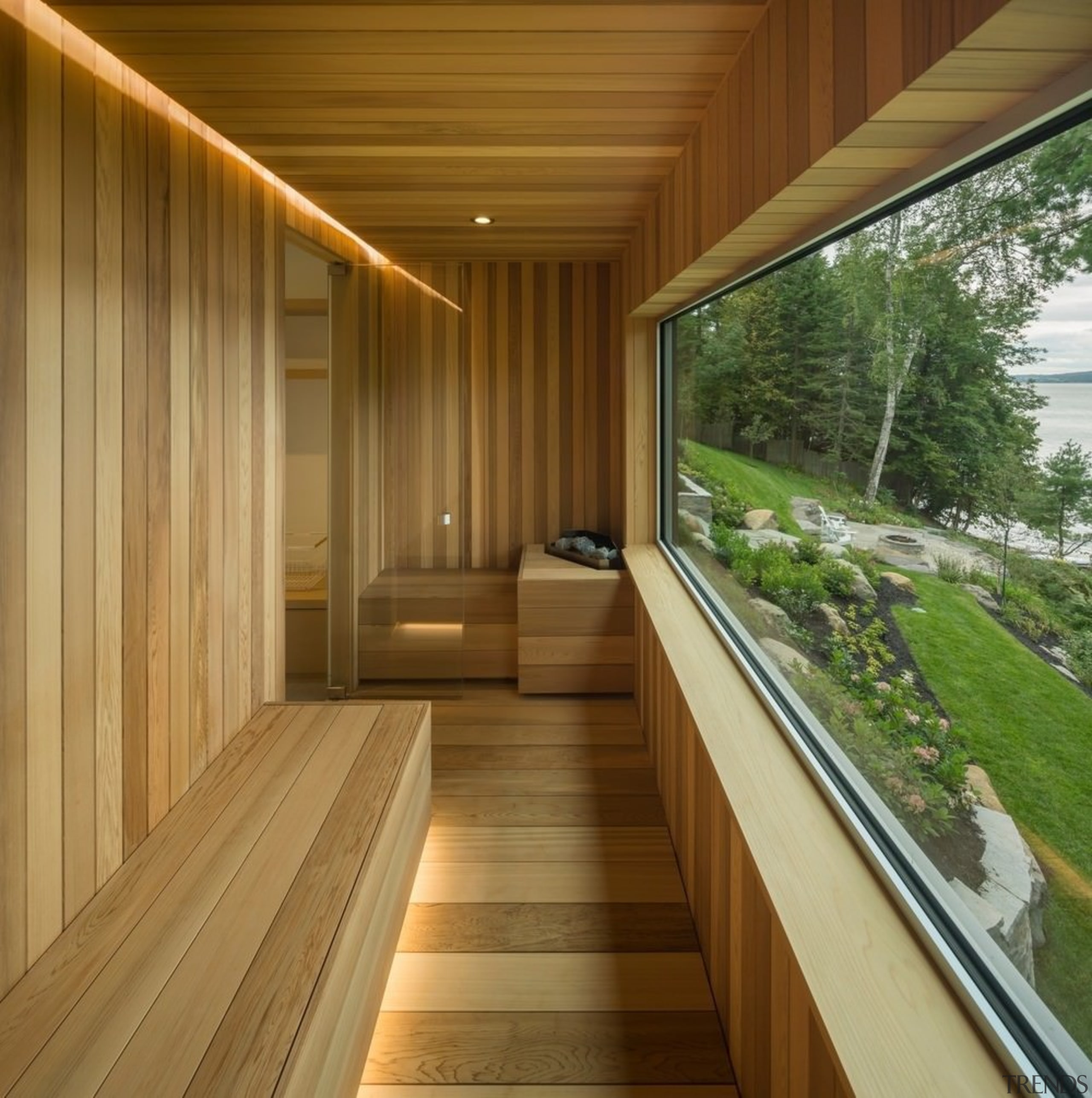 A sauna with a window and recessed lighting architecture, daylighting, deck, home, house, interior design, real estate, wood, brown