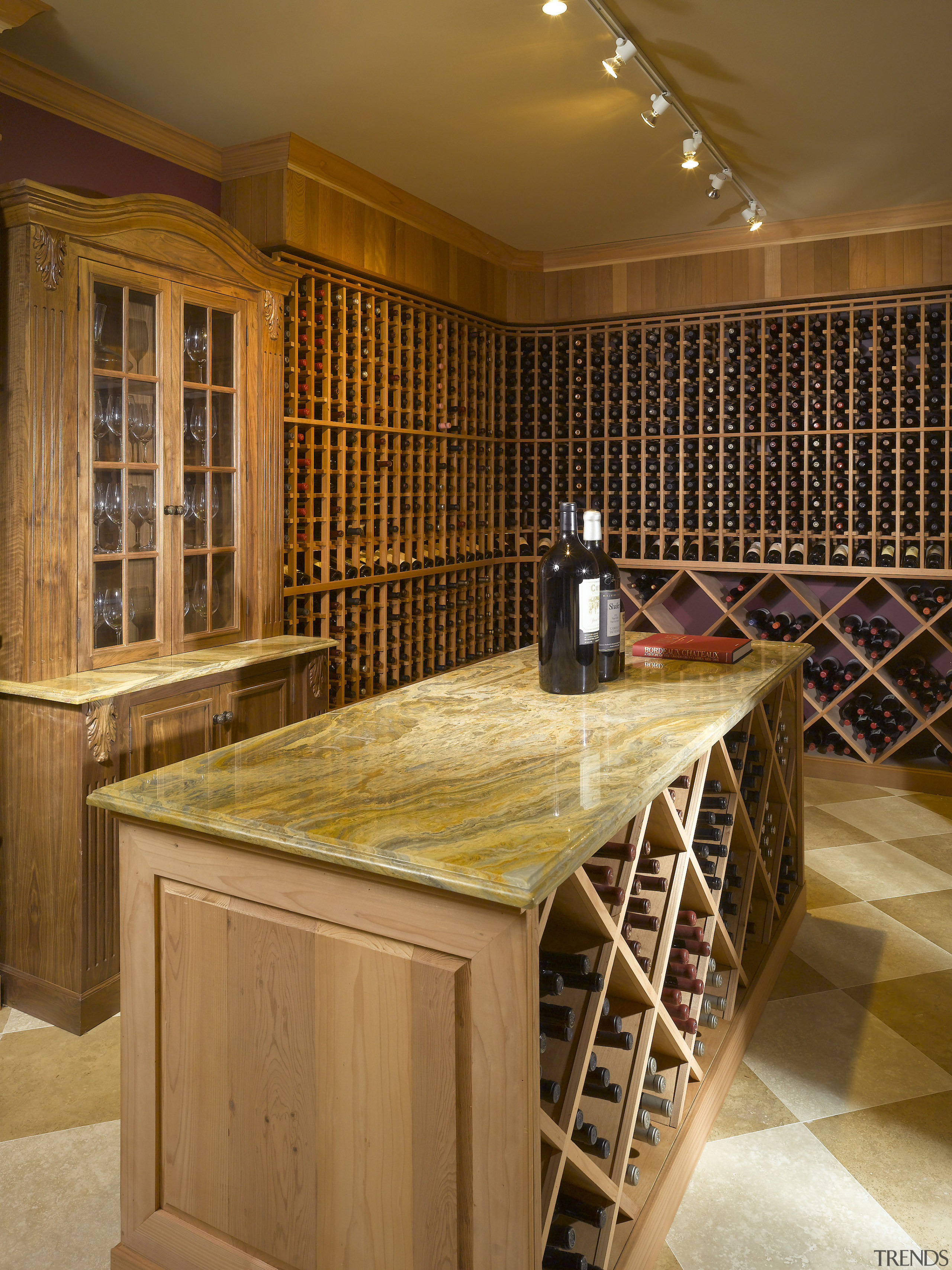 View of countertop by A Touch Of Stone. cabinetry, countertop, flooring, hardwood, interior design, kitchen, room, wine cellar, winery, wood, brown, orange