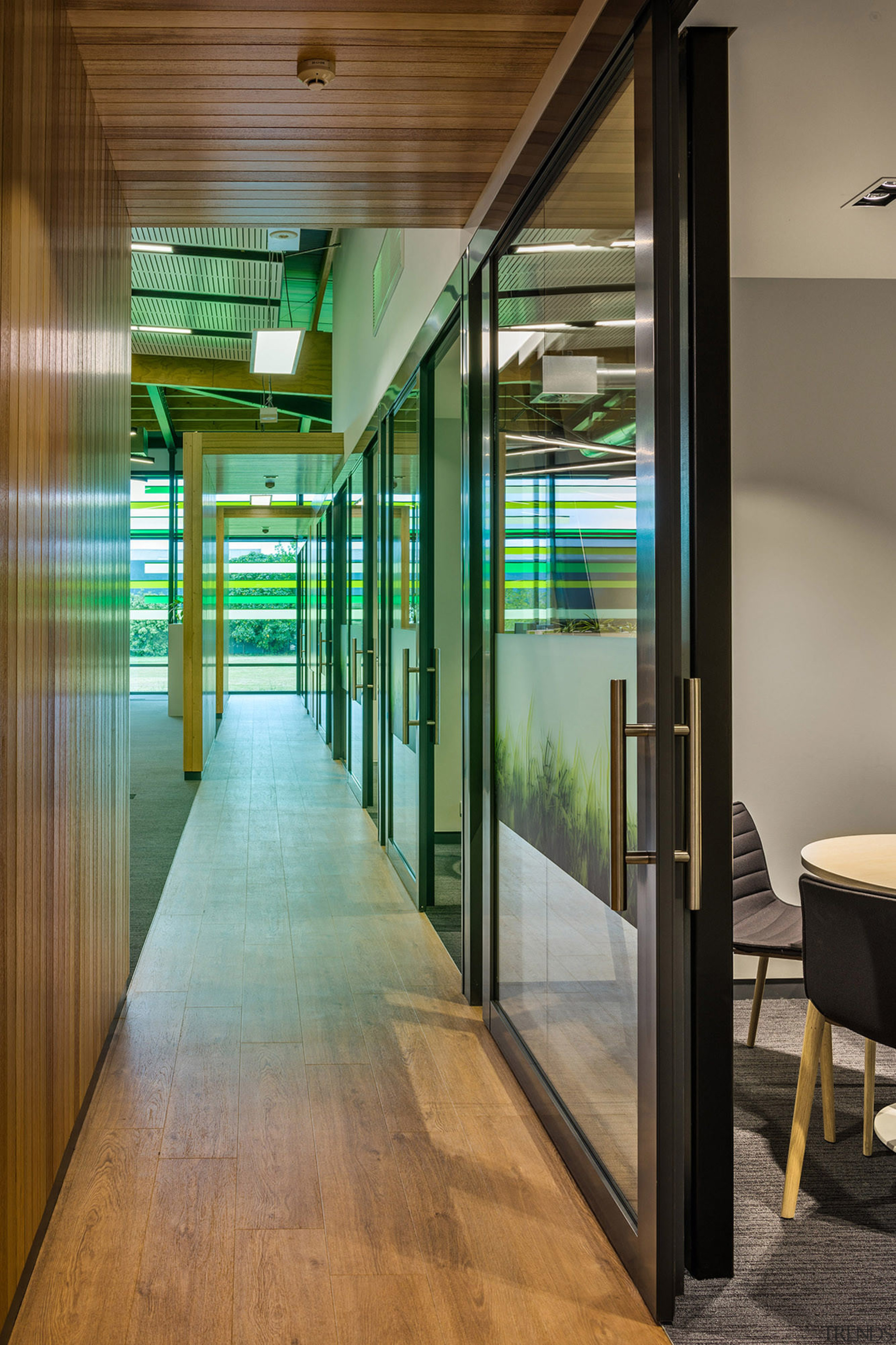 Structural and cosmetic engineered wood elements supplied by architecture, floor, glass, interior design, lobby, window, brown