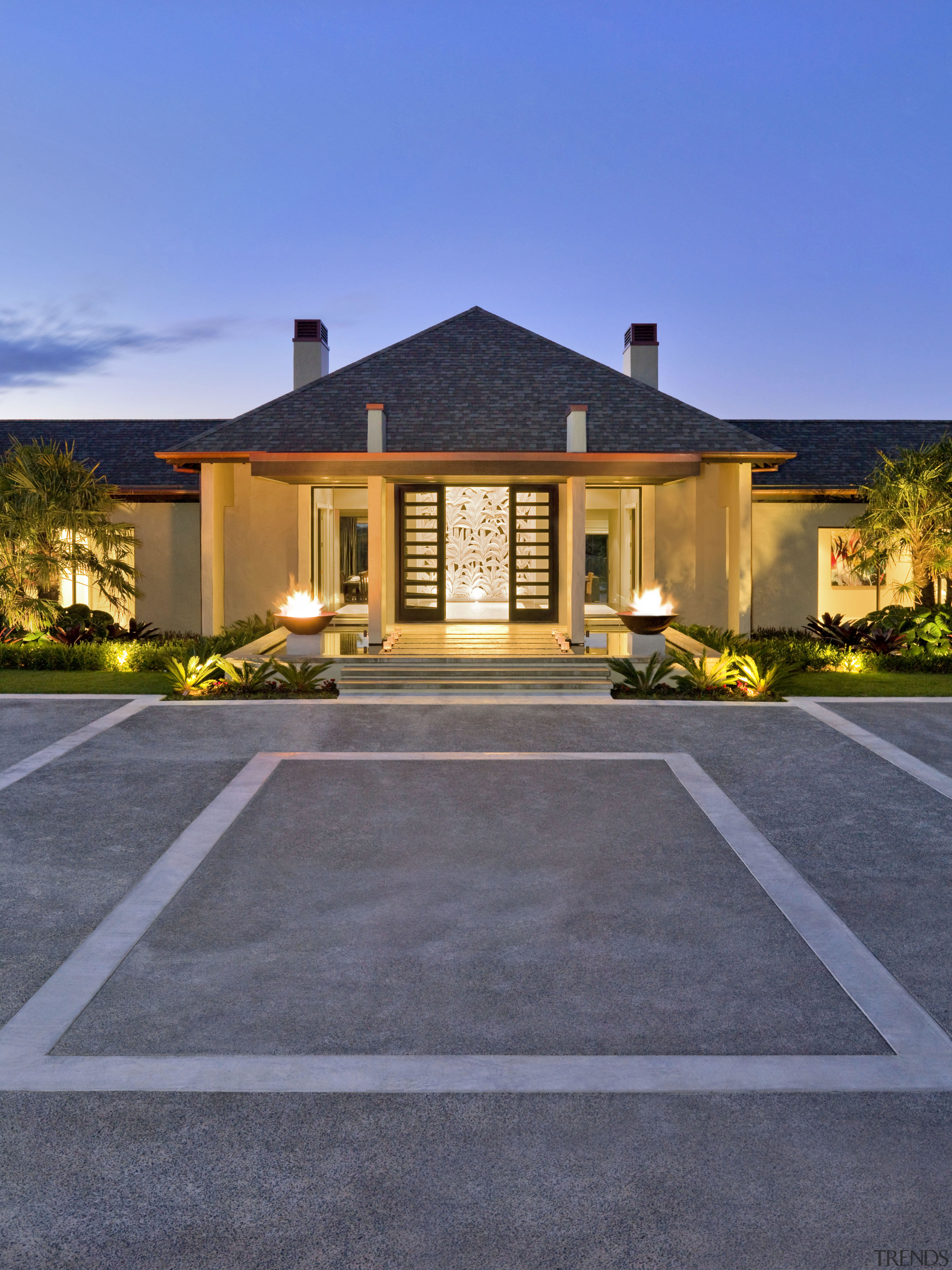 Exterior view of this modern home - Exterior building, elevation, estate, facade, home, house, lighting, mansion, property, real estate, residential area, roof, sky, suburb, blue, gray