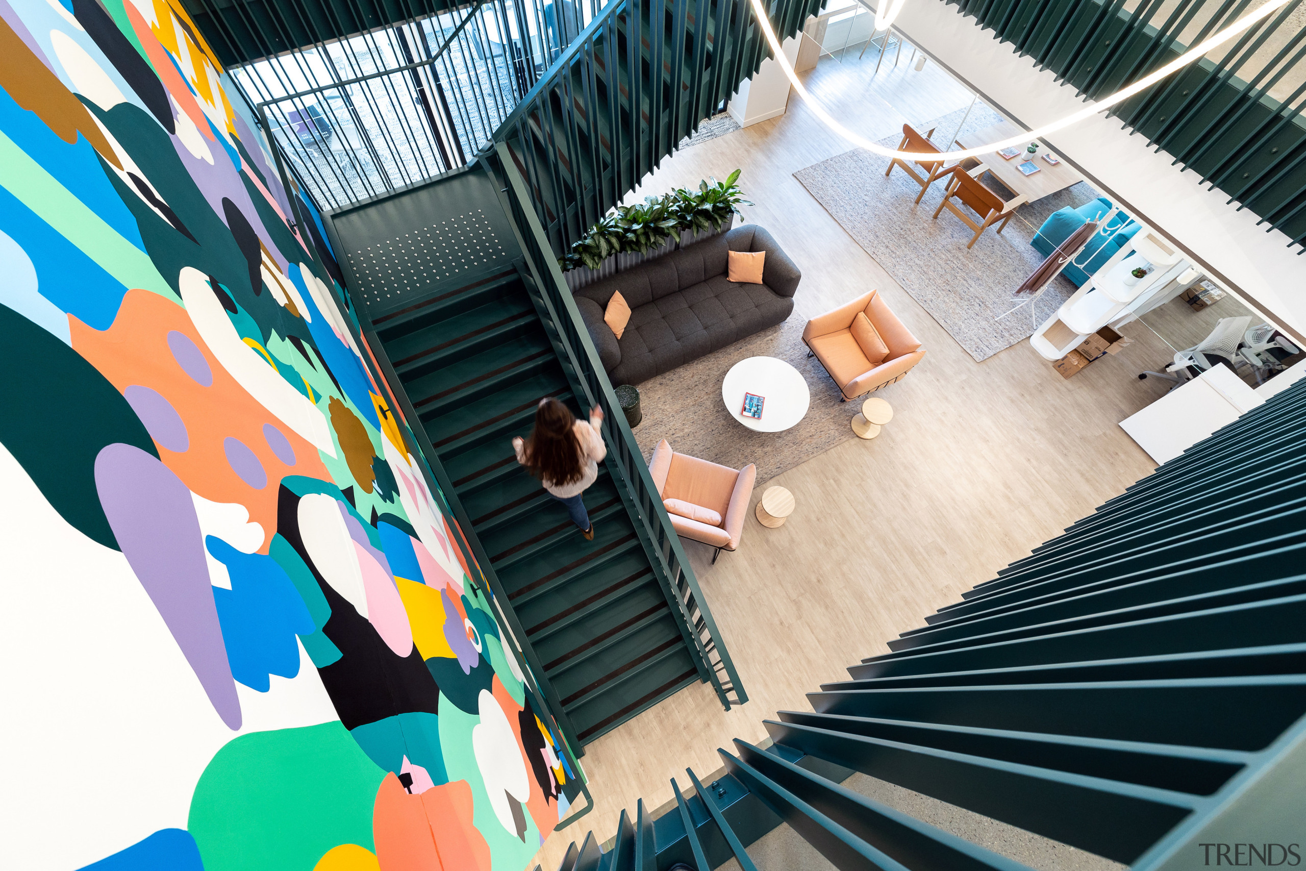 Entry, reception, with interconnected stair.Photo credit: Brett Ryan. 