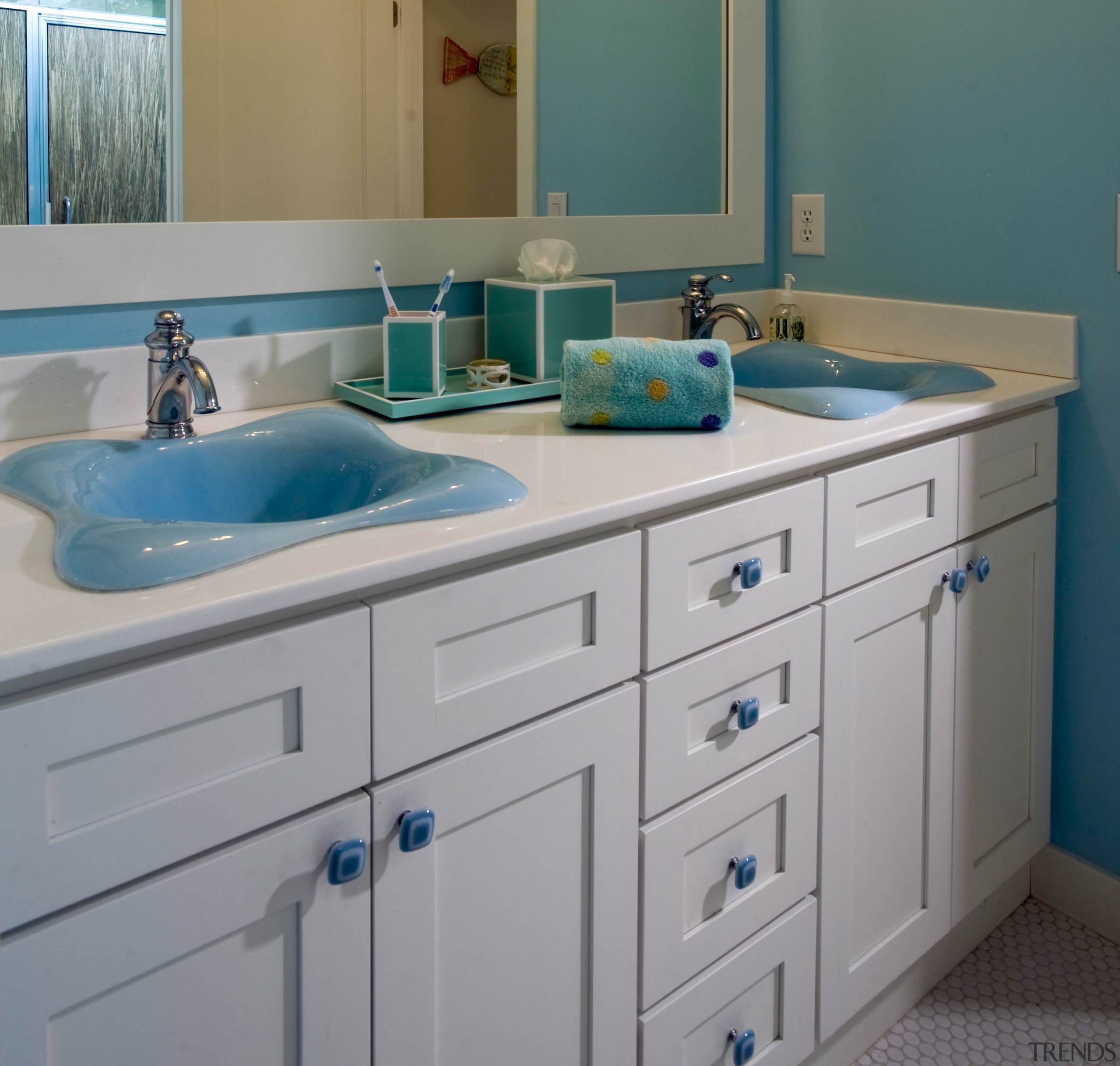 View of bathroom with white cabinetry and blue bathroom, bathroom accessory, bathroom cabinet, bathroom sink, blue, cabinetry, countertop, kitchen, room, sink, gray