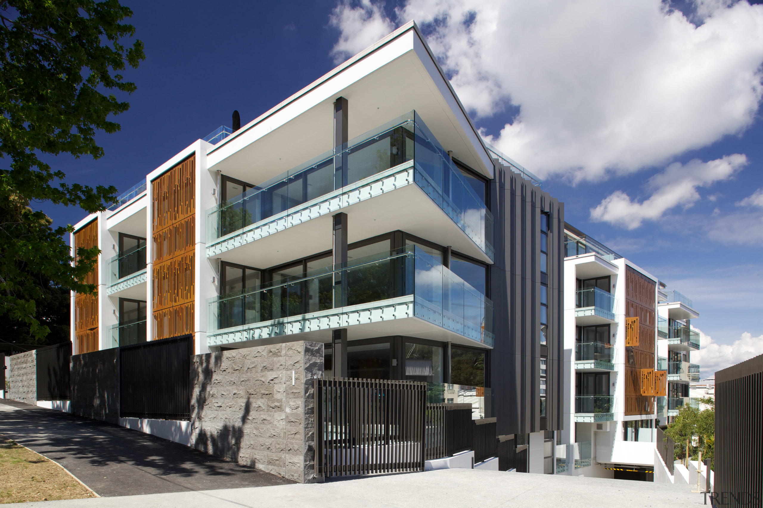 The new Balfour apartment building steps down a architecture, building, commercial building, corporate headquarters, elevation, facade, home, house, mixed use, property, real estate, gray