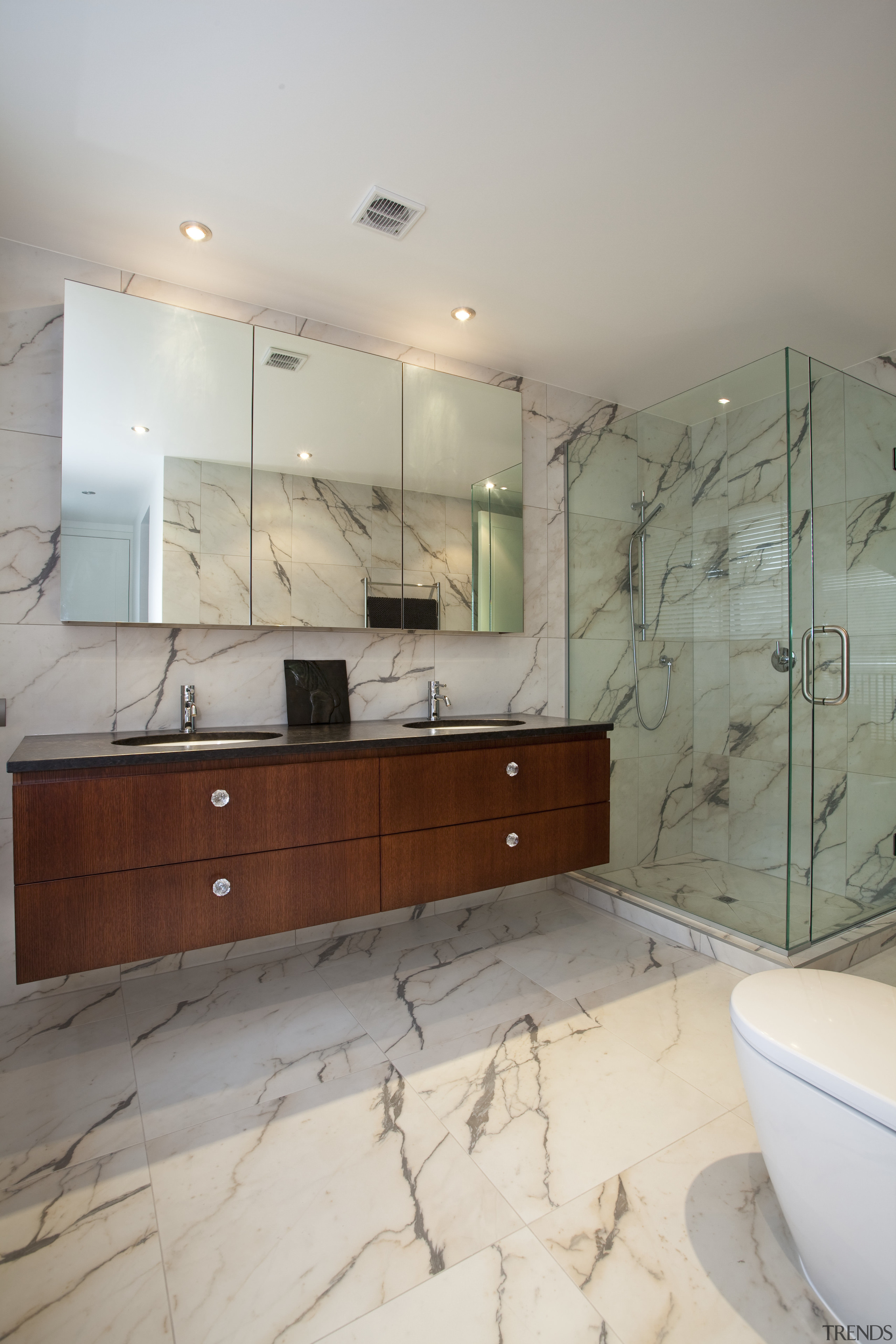 View of bathroom with marble-patterened porcelain tiles and bathroom, bathroom accessory, bathroom cabinet, cabinetry, ceiling, countertop, estate, floor, flooring, home, interior design, property, room, sink, tile, wall, gray