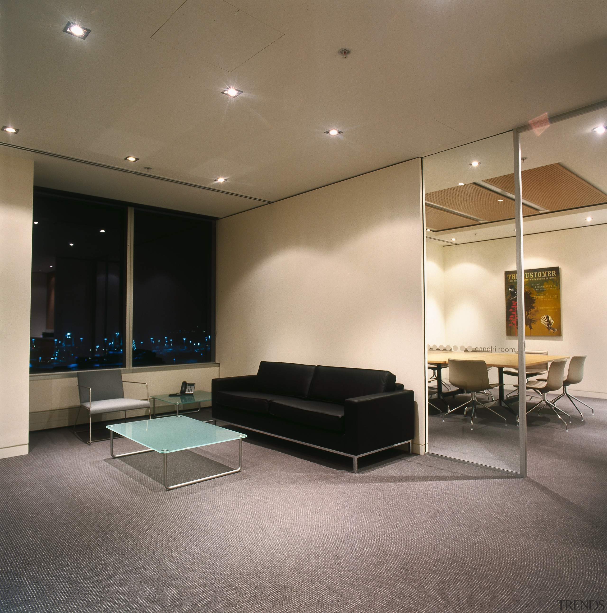 A view of the carpet used through out architecture, ceiling, floor, flooring, furniture, glass, interior design, lighting, living room, lobby, real estate, table, wall, wood flooring, gray, brown