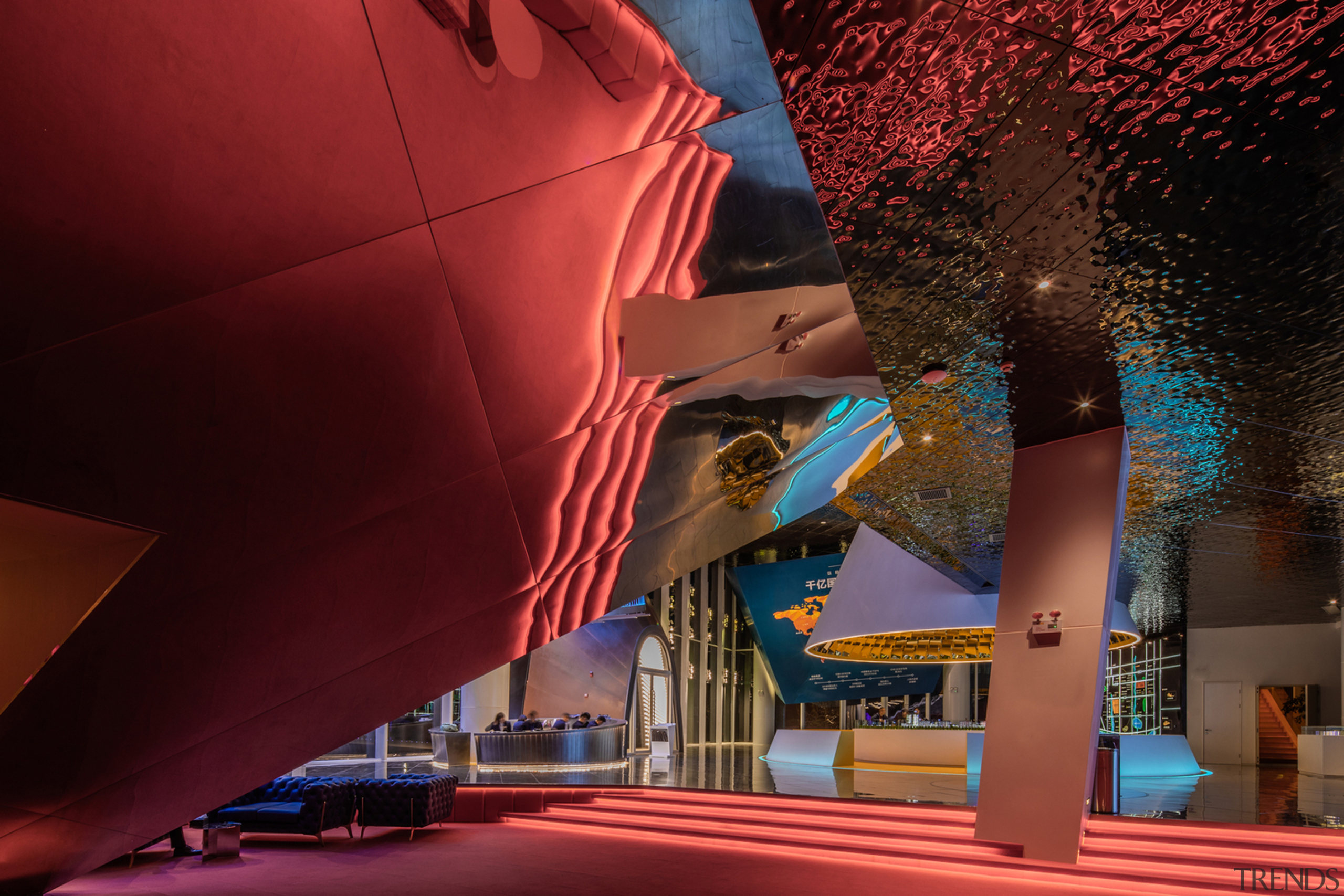 Objects floating in the air form a rich architecture, blue, building, ceiling, city, landmark, night, pink, red, sky, red