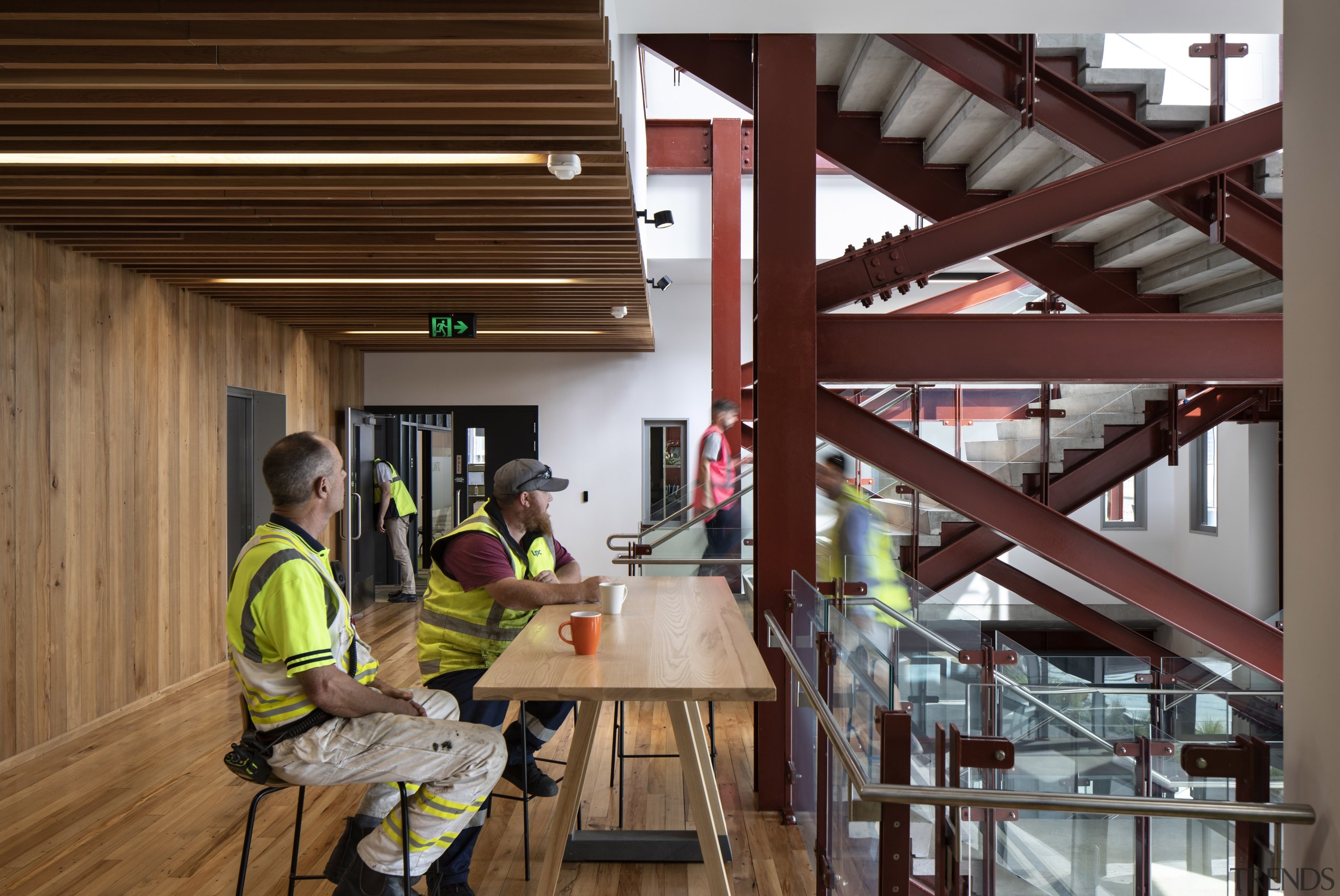 06 Waterfront House mixer stair level 1 landing architecture, beam, building, ceiling, construction, floor, home, house, interior design, loft, roof, room, wood, brown, red