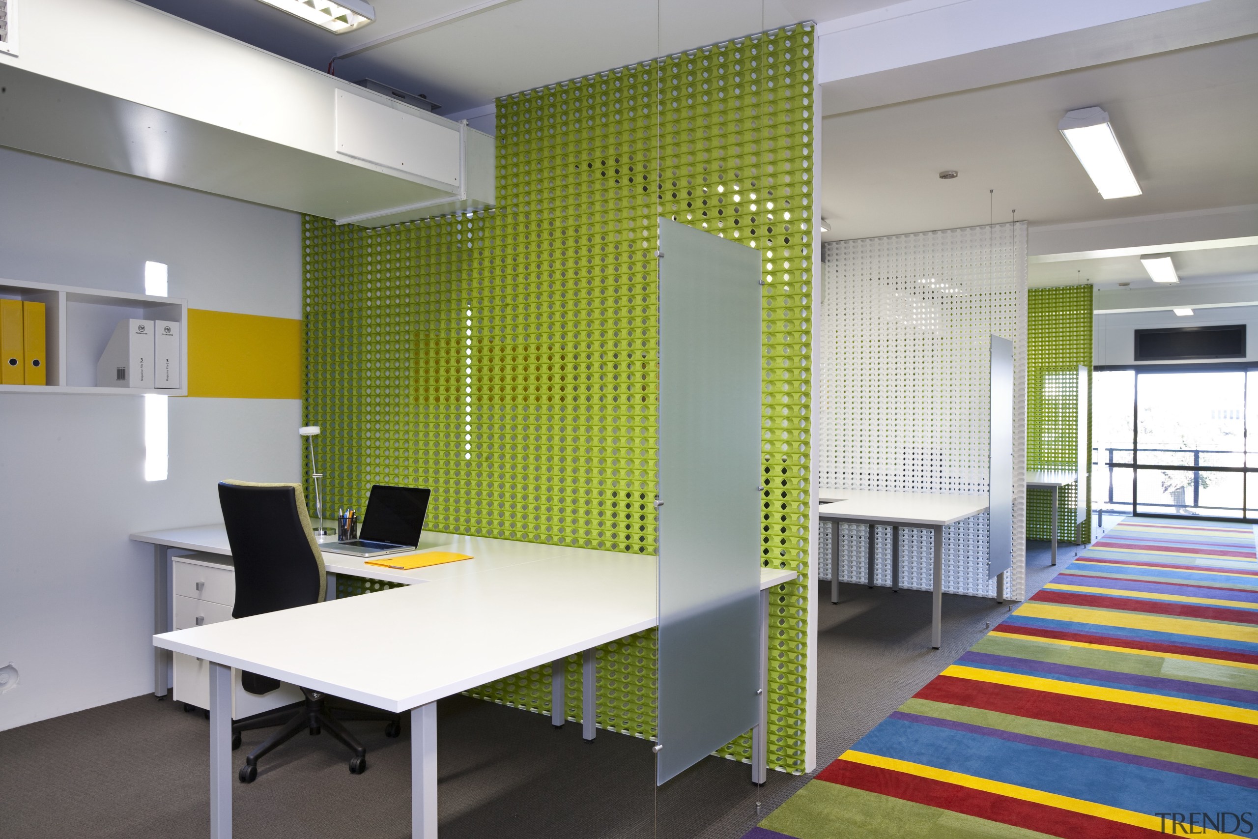 The main office area features colourful interior - architecture, ceiling, interior design, office, product design, wall, gray