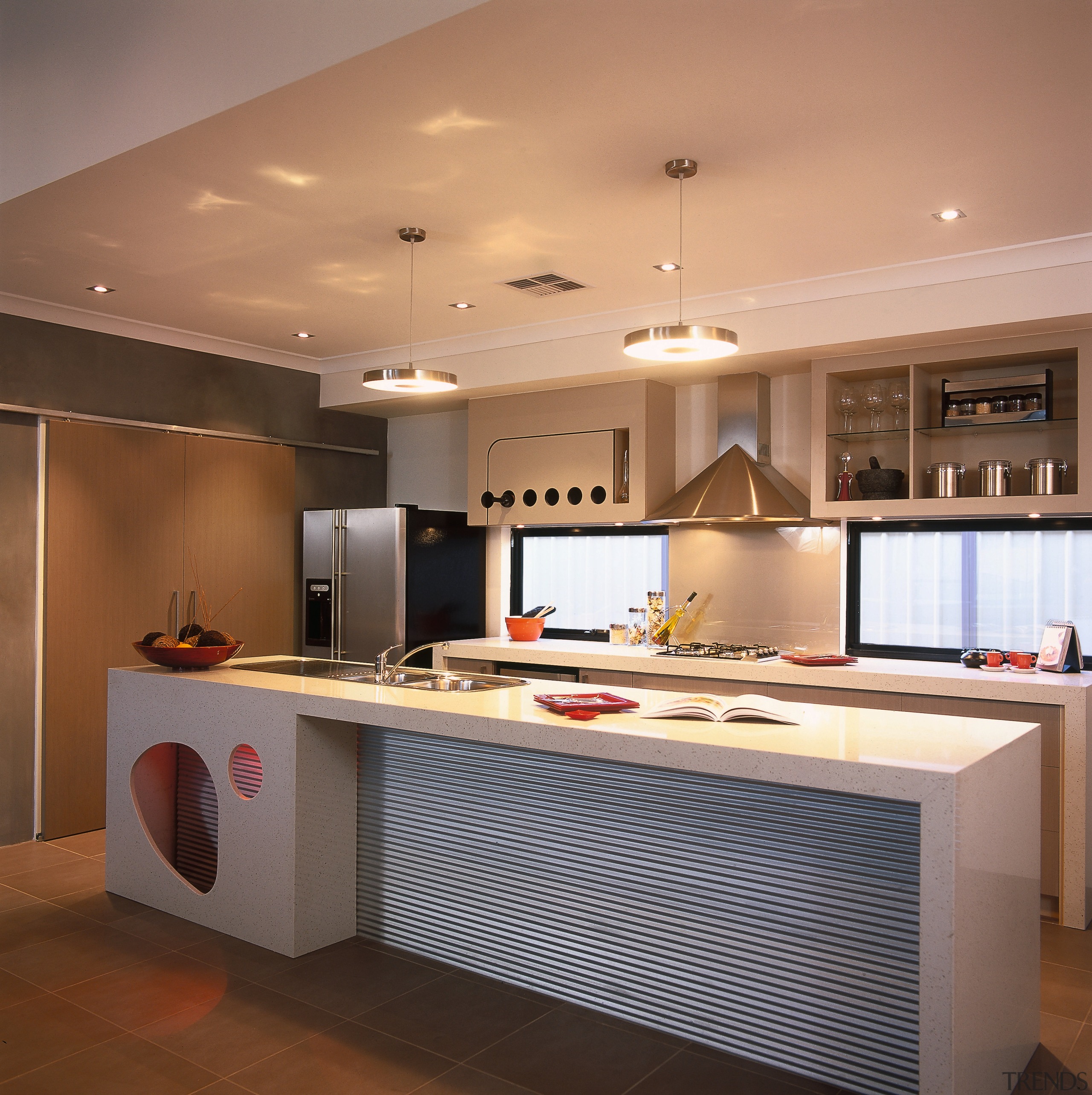 A view of a kitchen area, wooden flooring, cabinetry, ceiling, countertop, cuisine classique, interior design, kitchen, room, brown, orange