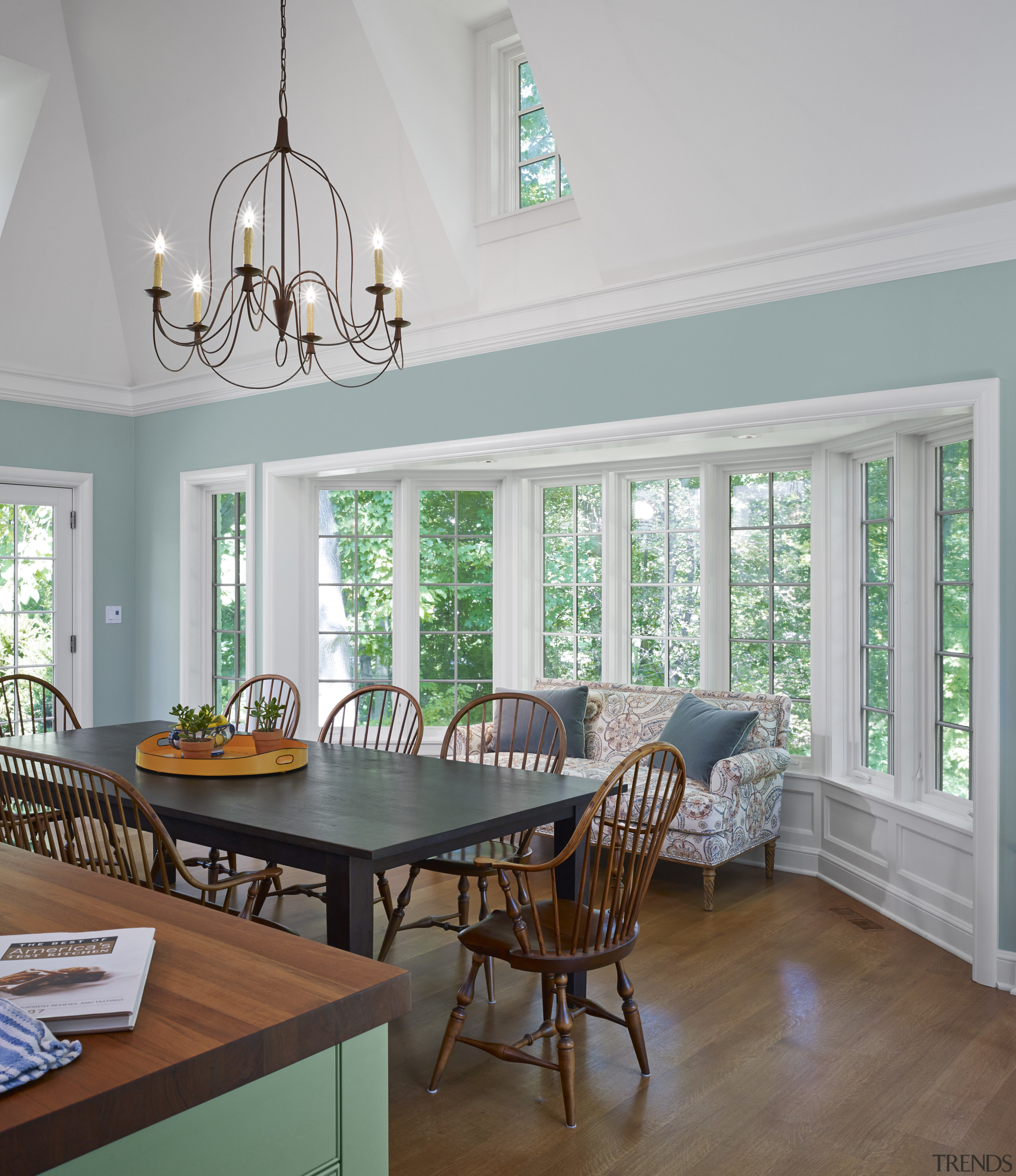 This new kitchen annex includes a bay window, ceiling, dining room, home, interior design, living room, room, table, window, wood, gray