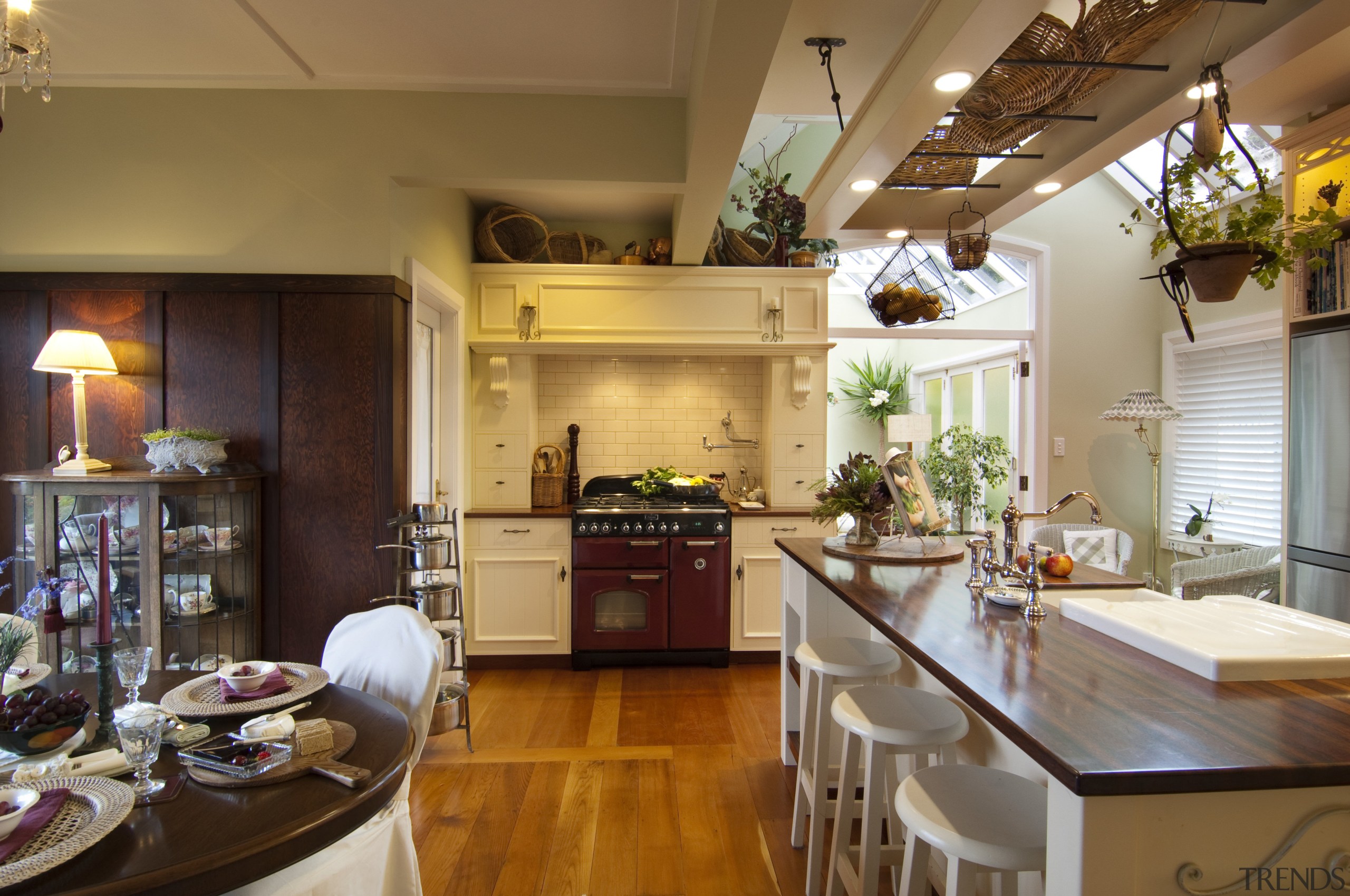 dining table on left, island on right, cooker countertop, home, interior design, kitchen, brown