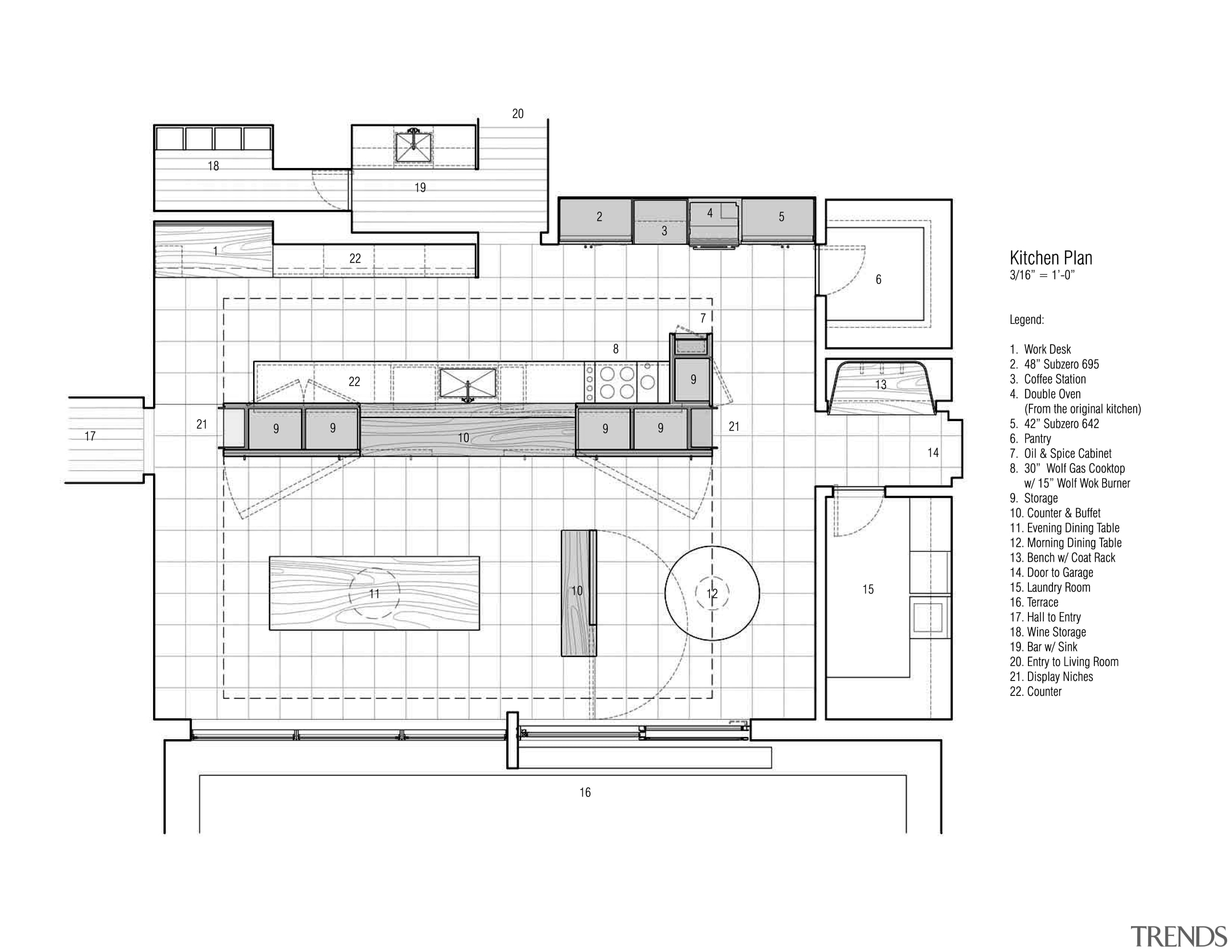 View of modernist style kitchen with wooden cabinetry angle, architecture, area, design, diagram, drawing, elevation, floor plan, line, plan, product, product design, schematic, structure, technical drawing, white