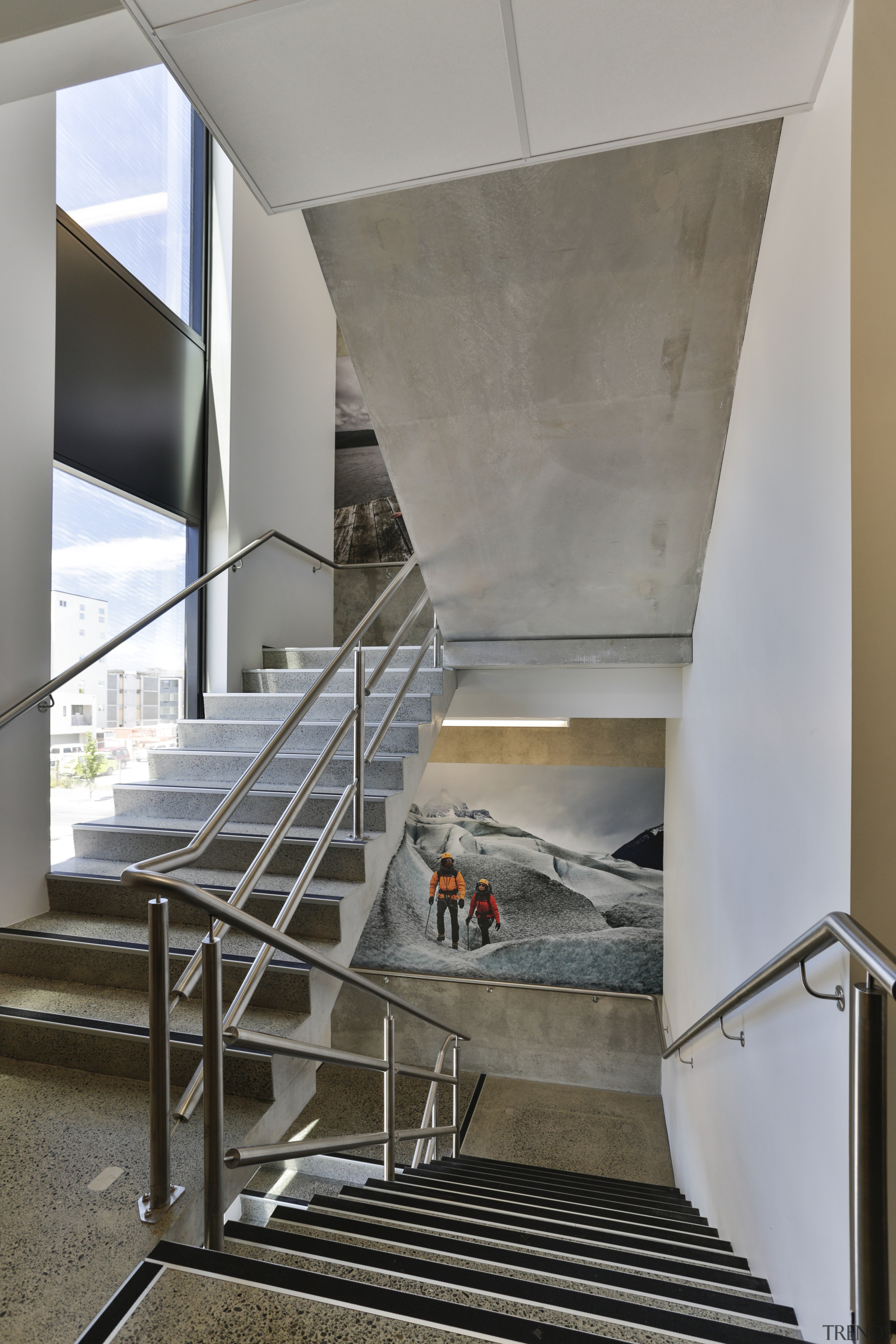 Adventure photography features in the stairwells of the apartment, architecture, daylighting, glass, handrail, house, interior design, stairs, structure, gray